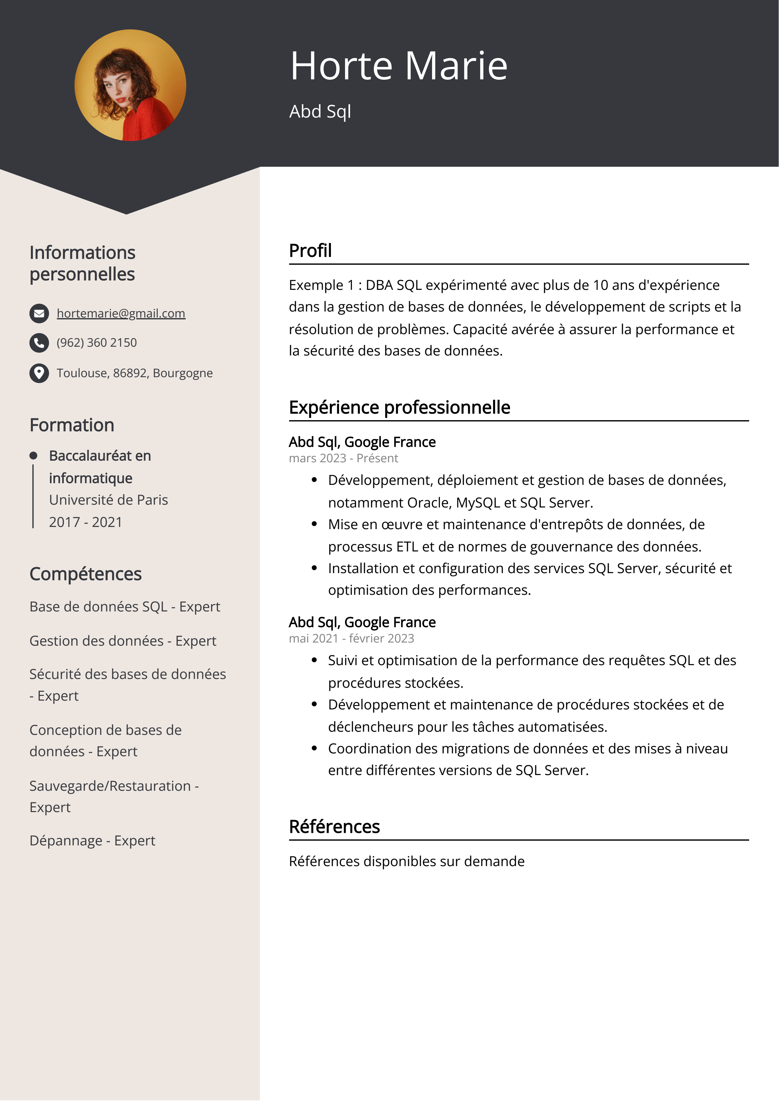 Exemple de CV Abd Sql