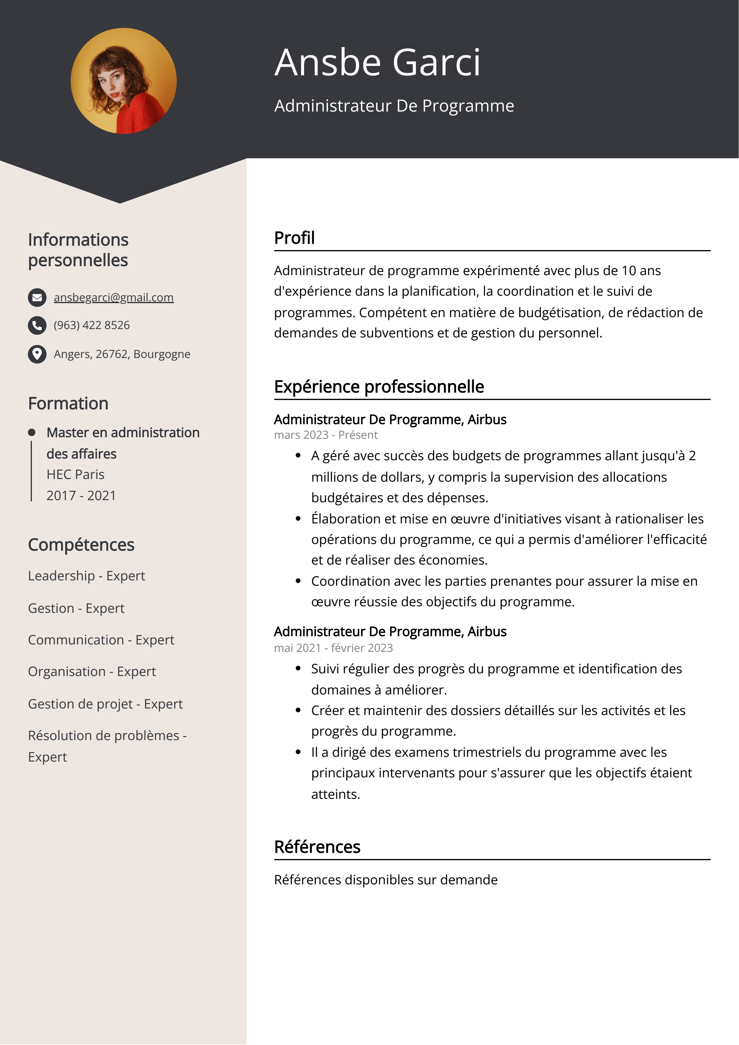 Exemple de CV d'administrateur de programme