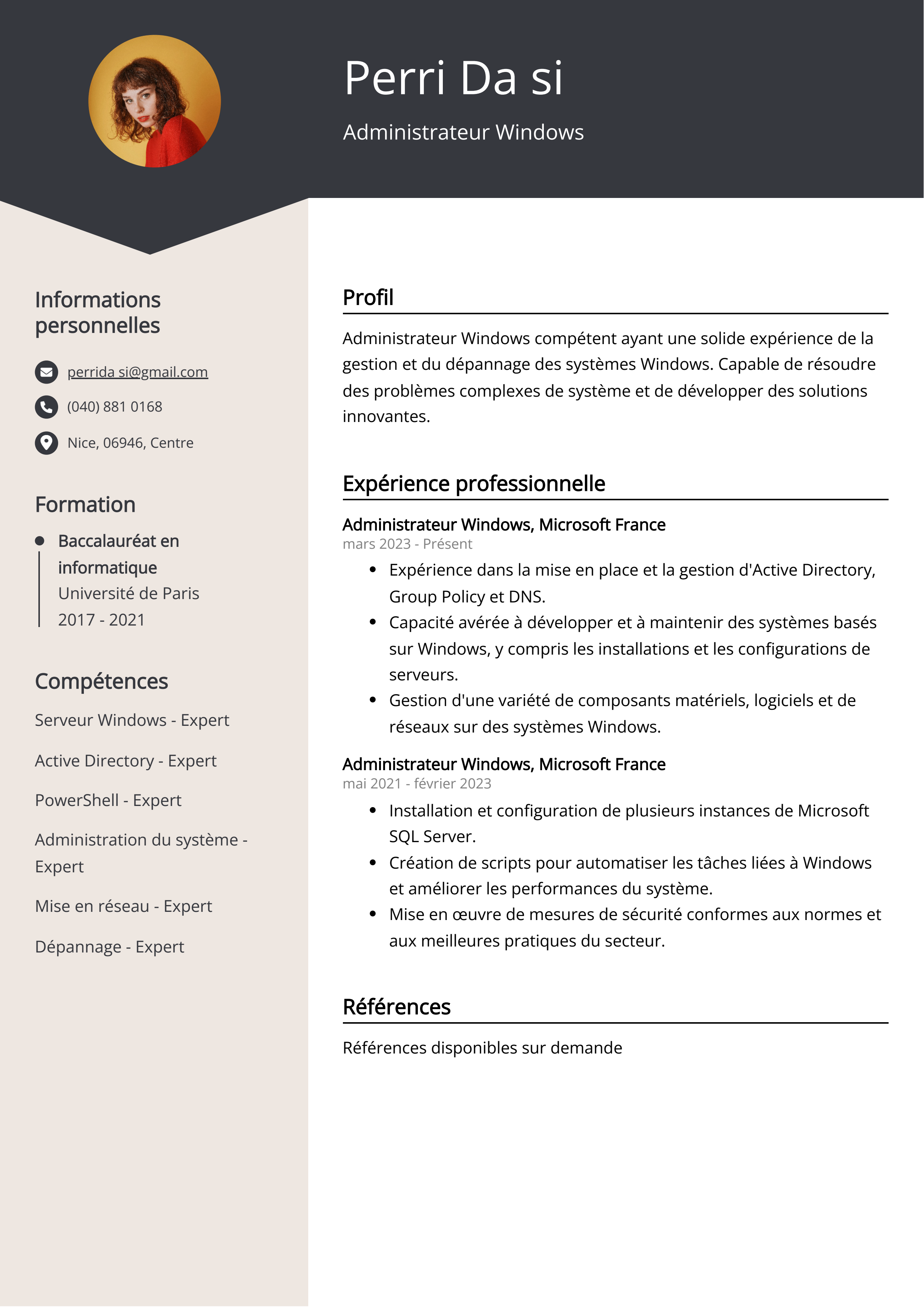 Administrateur Windows Exemple de CV