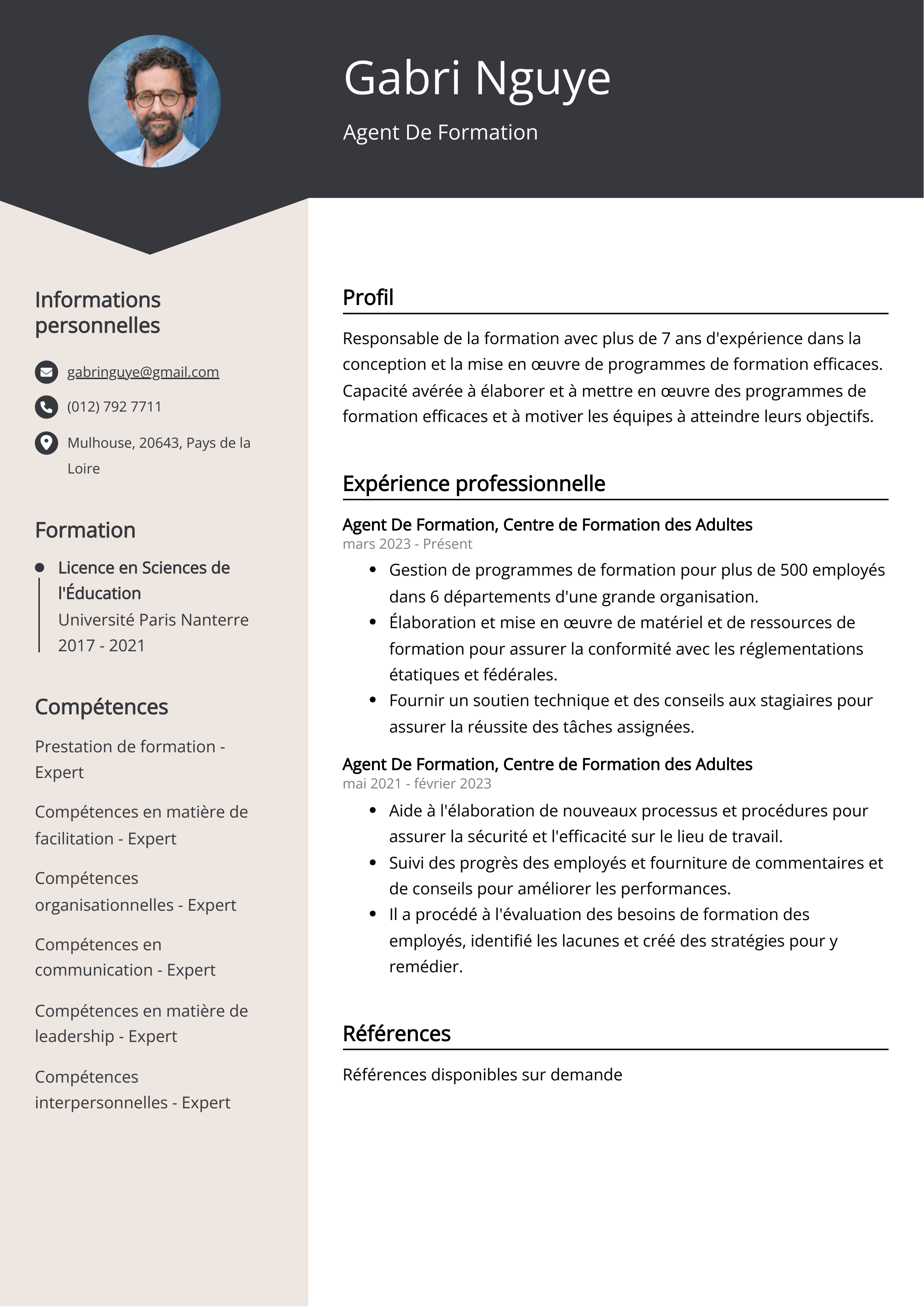 Exemple de CV d'agent de formation