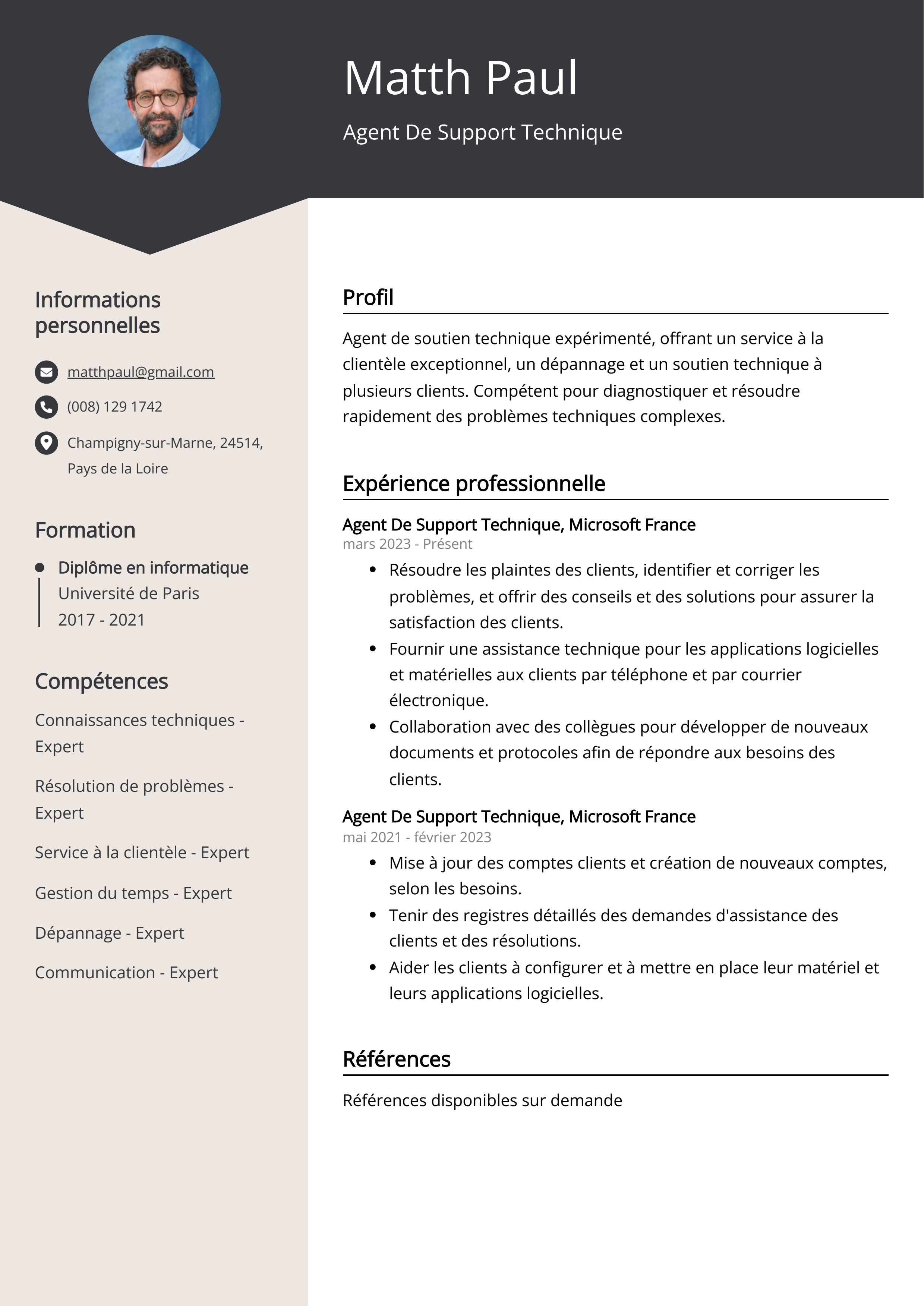 Exemple de curriculum vitae d'un agent de soutien technique