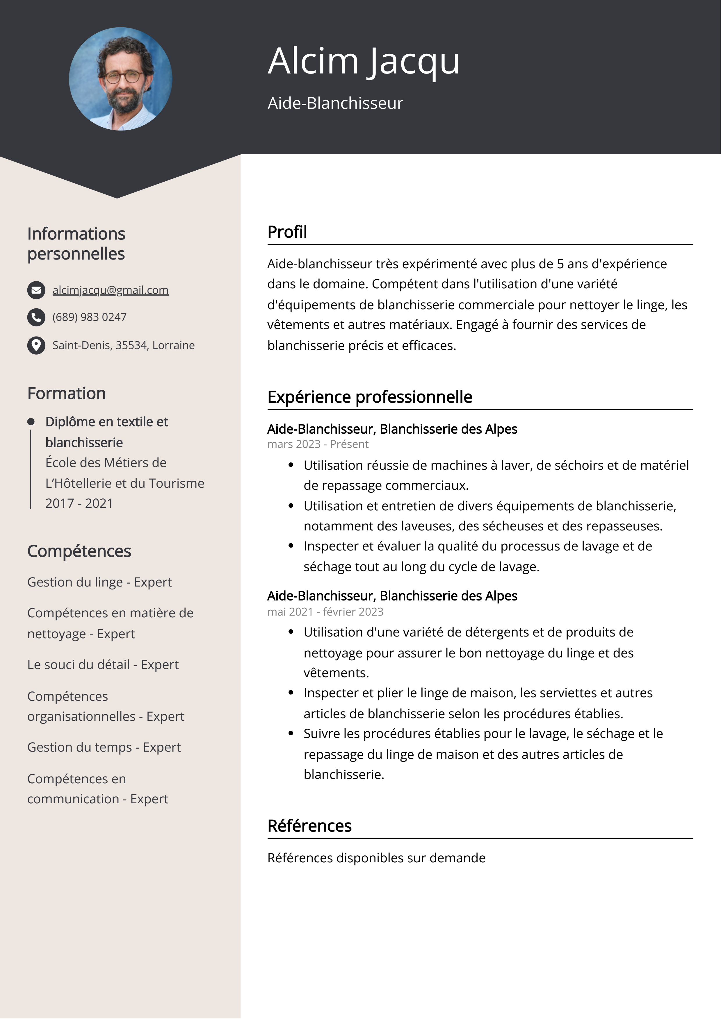 Exemple de CV d'aide-blanchisseur