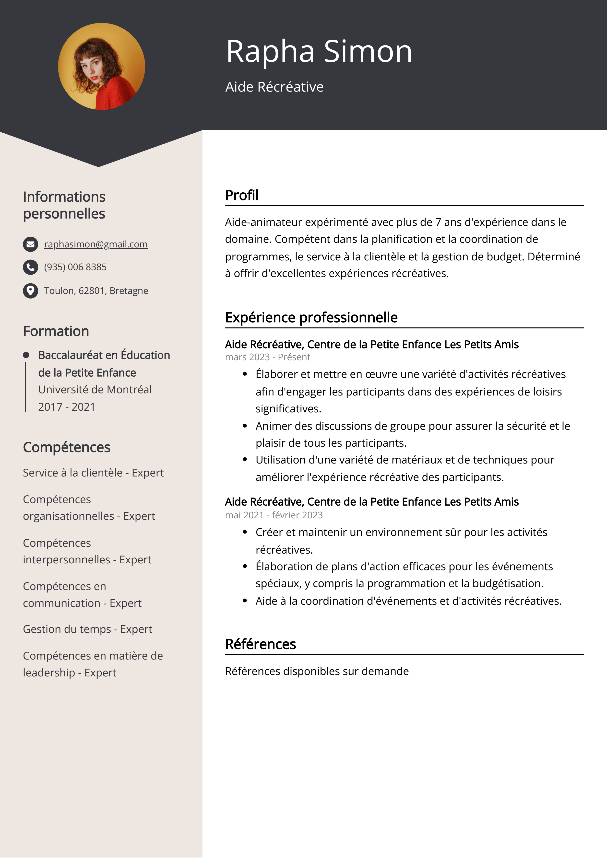 Exemple de CV d'aide-récréatif