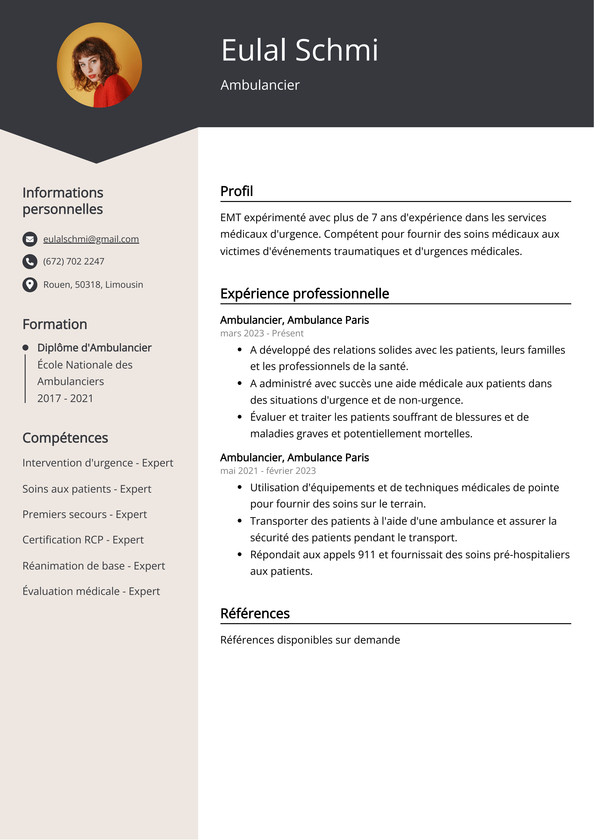 Exemple de curriculum vitae d'un ambulancier