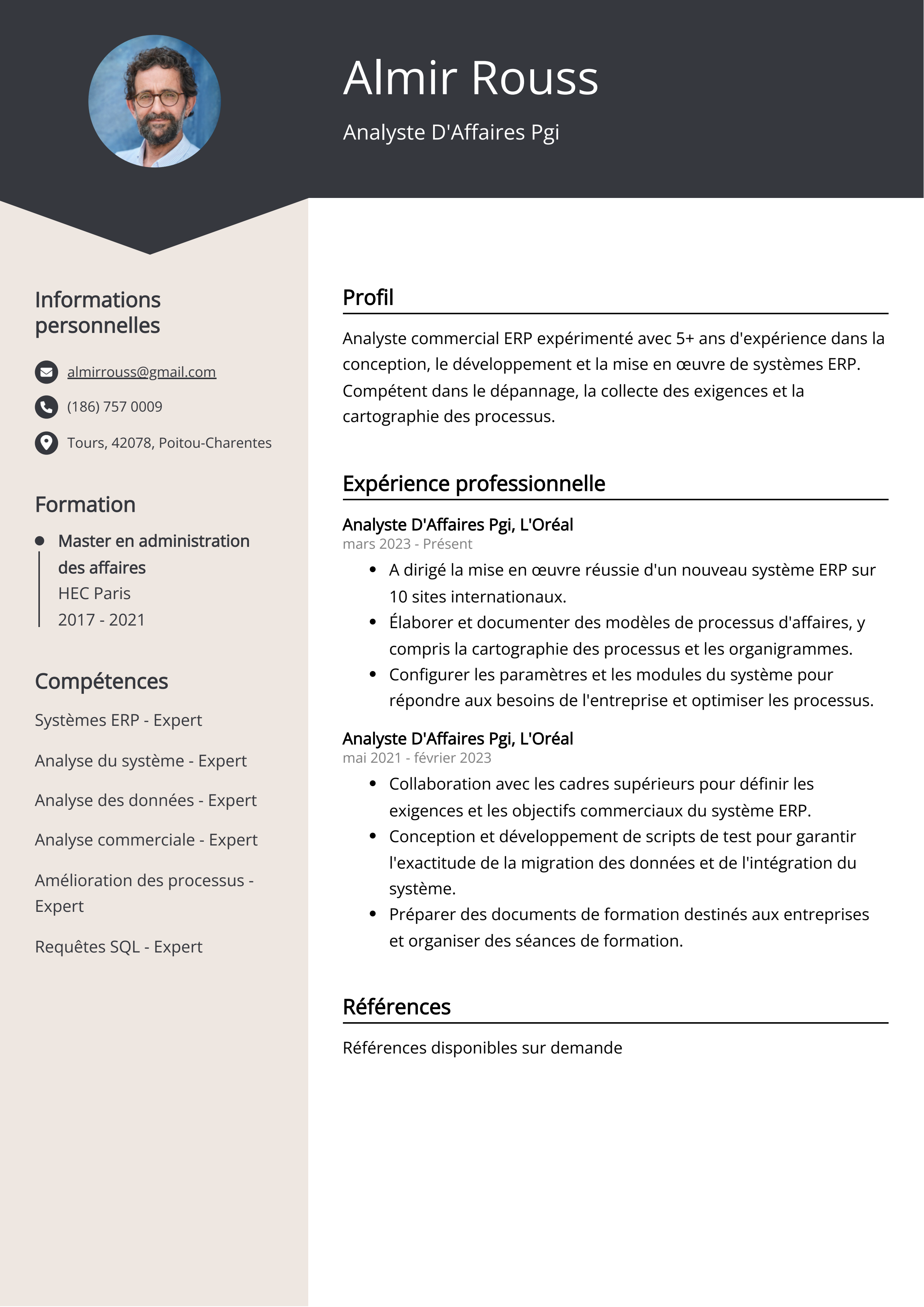 Exemple de CV d'analyste d'affaires Pgi