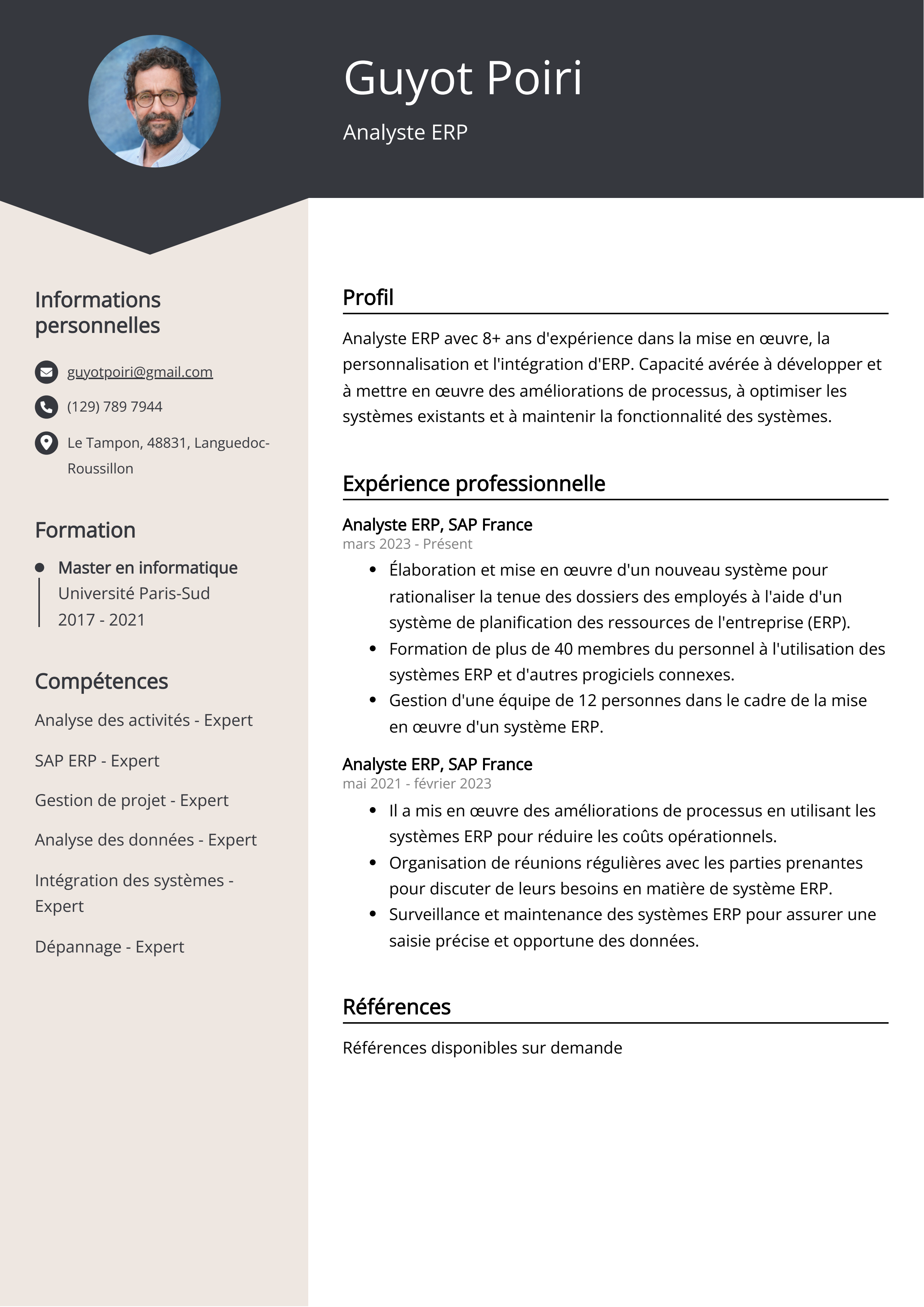 Exemple de CV d'analyste ERP