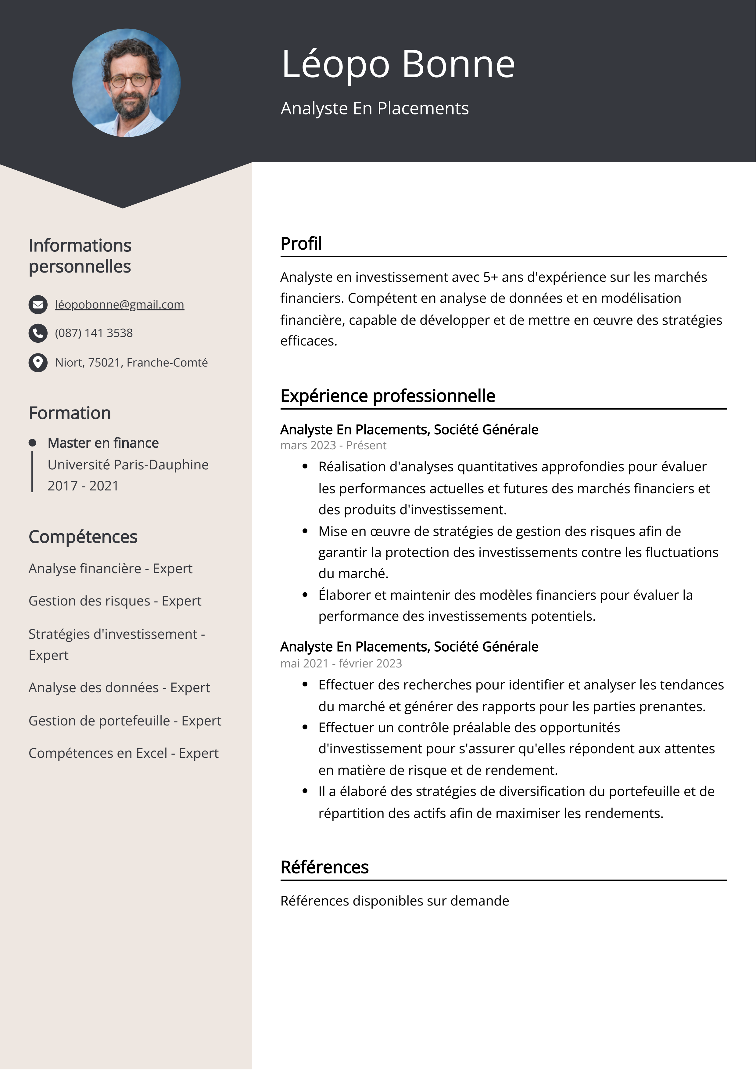 Analyste En Placements Exemple de CV