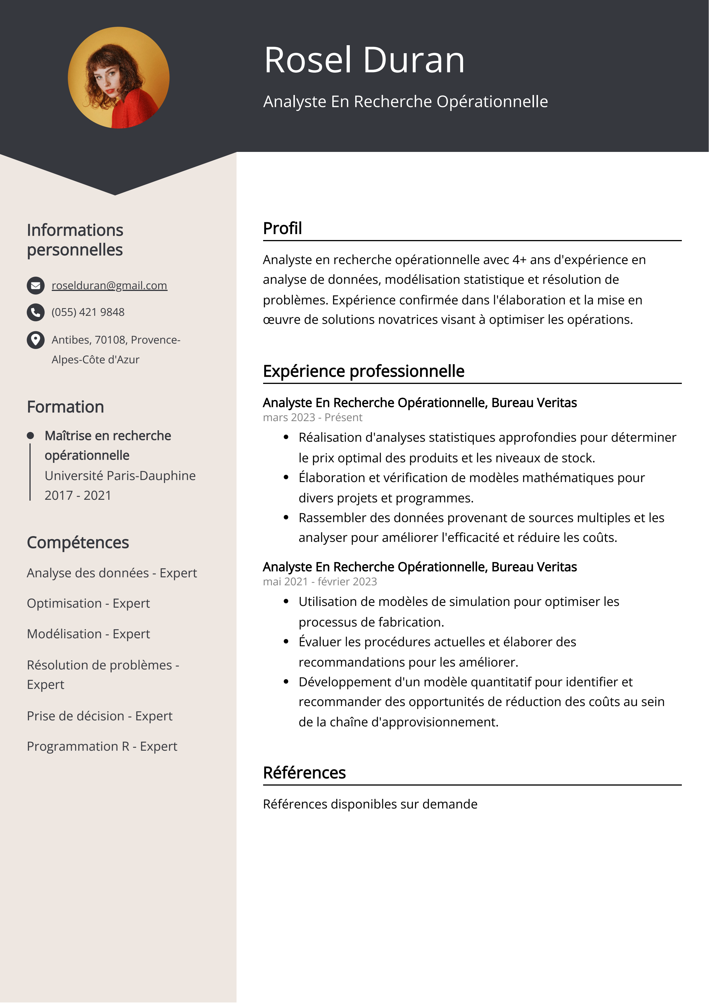 Analyste en recherche opérationnelle Exemple de CV