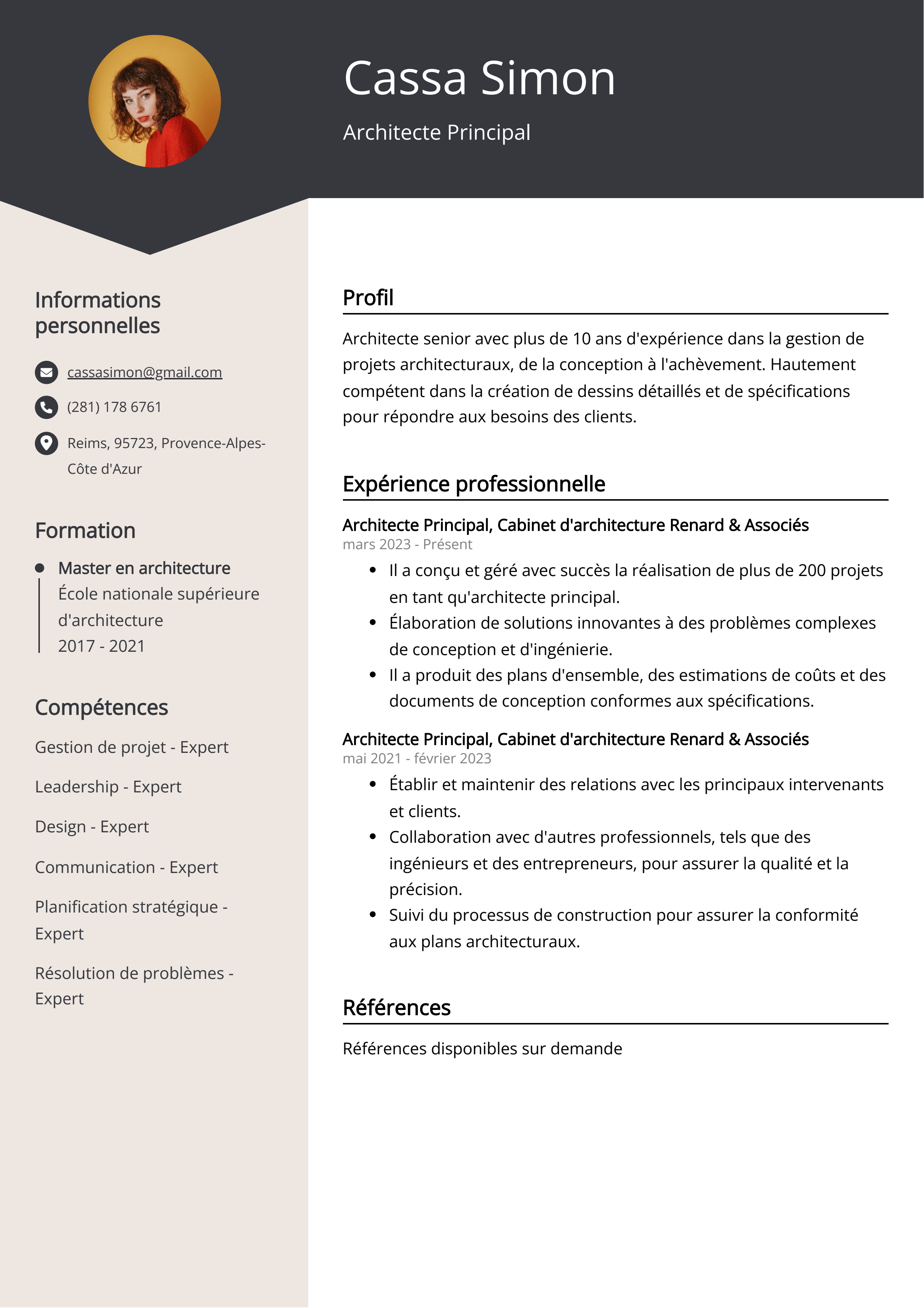 Exemple de curriculum vitae d'architecte principal