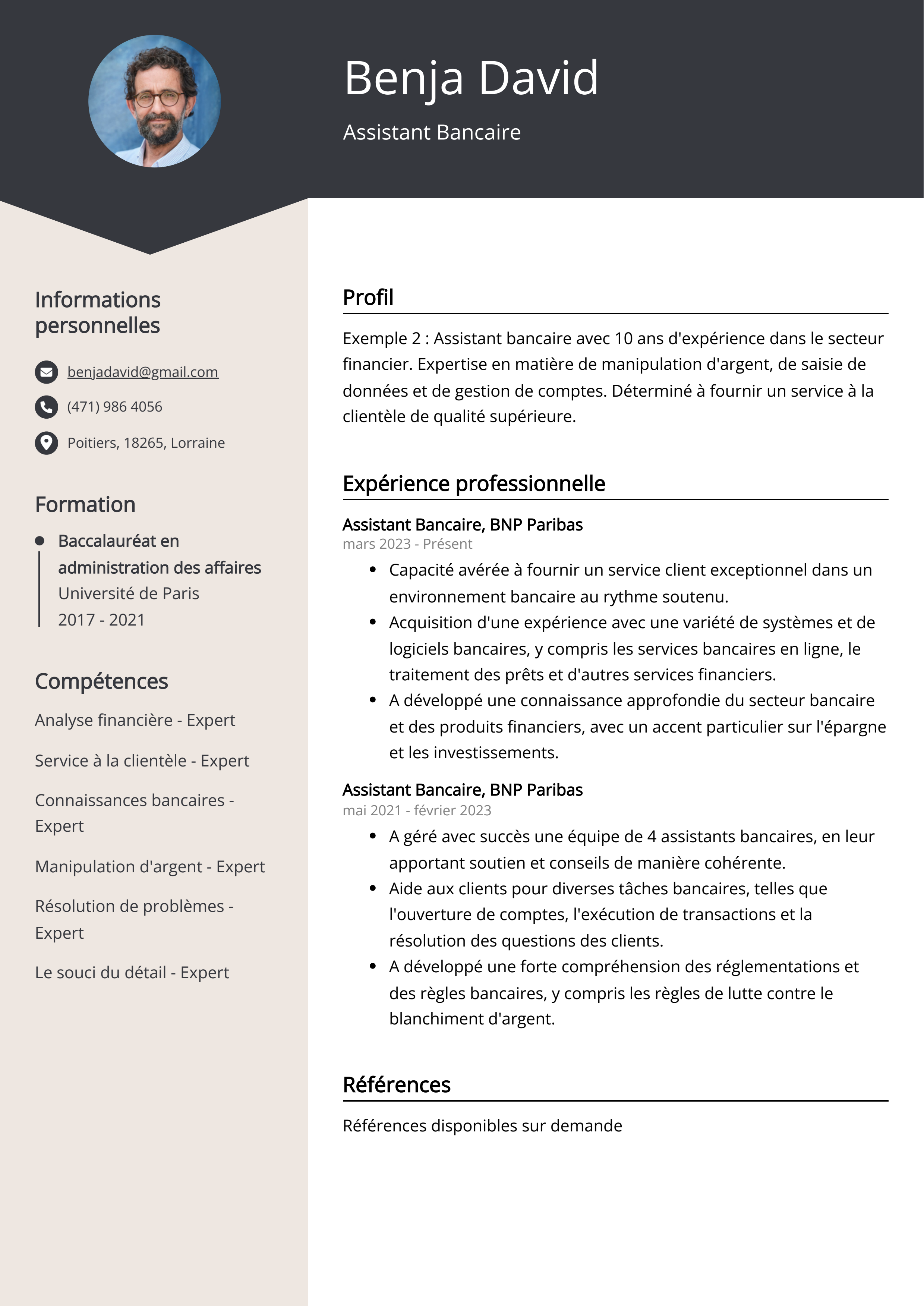 Exemple de curriculum vitae d'un assistant bancaire