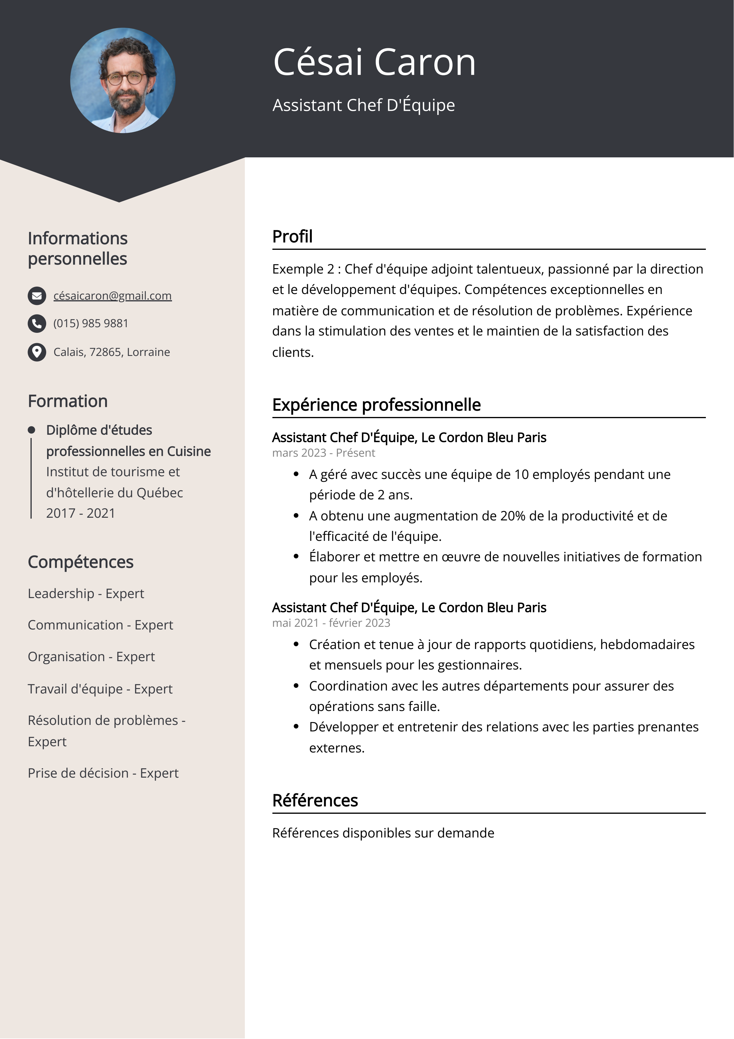 Exemple de curriculum vitae d'un chef d'équipe adjoint