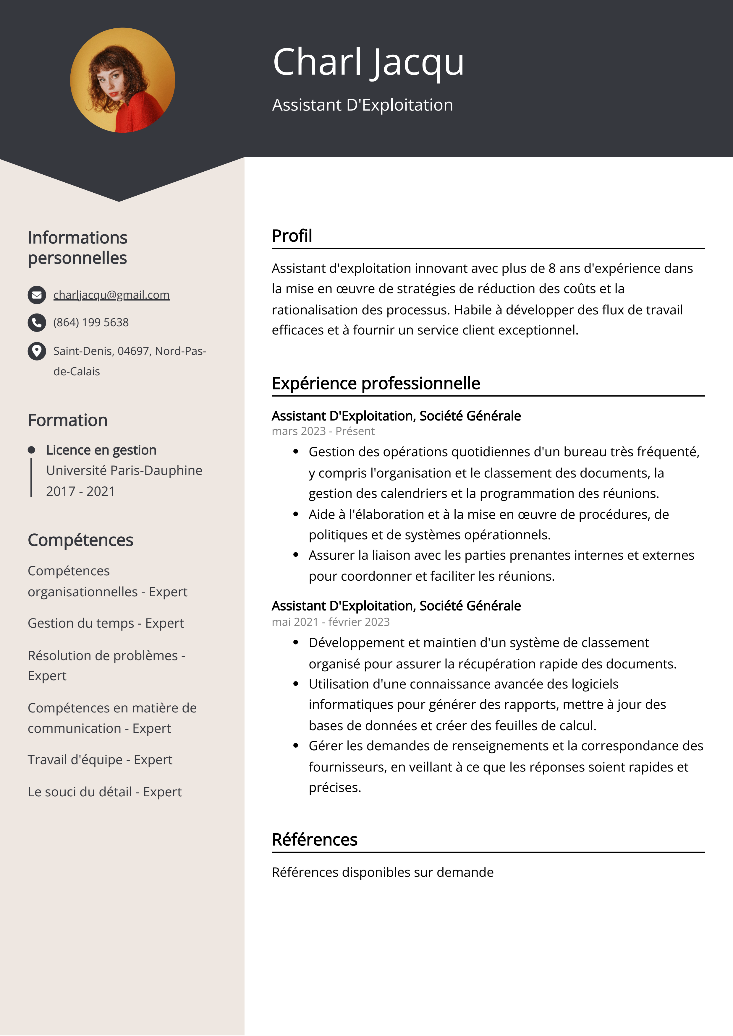 Exemple de curriculum vitae d'un assistant d'exploitation