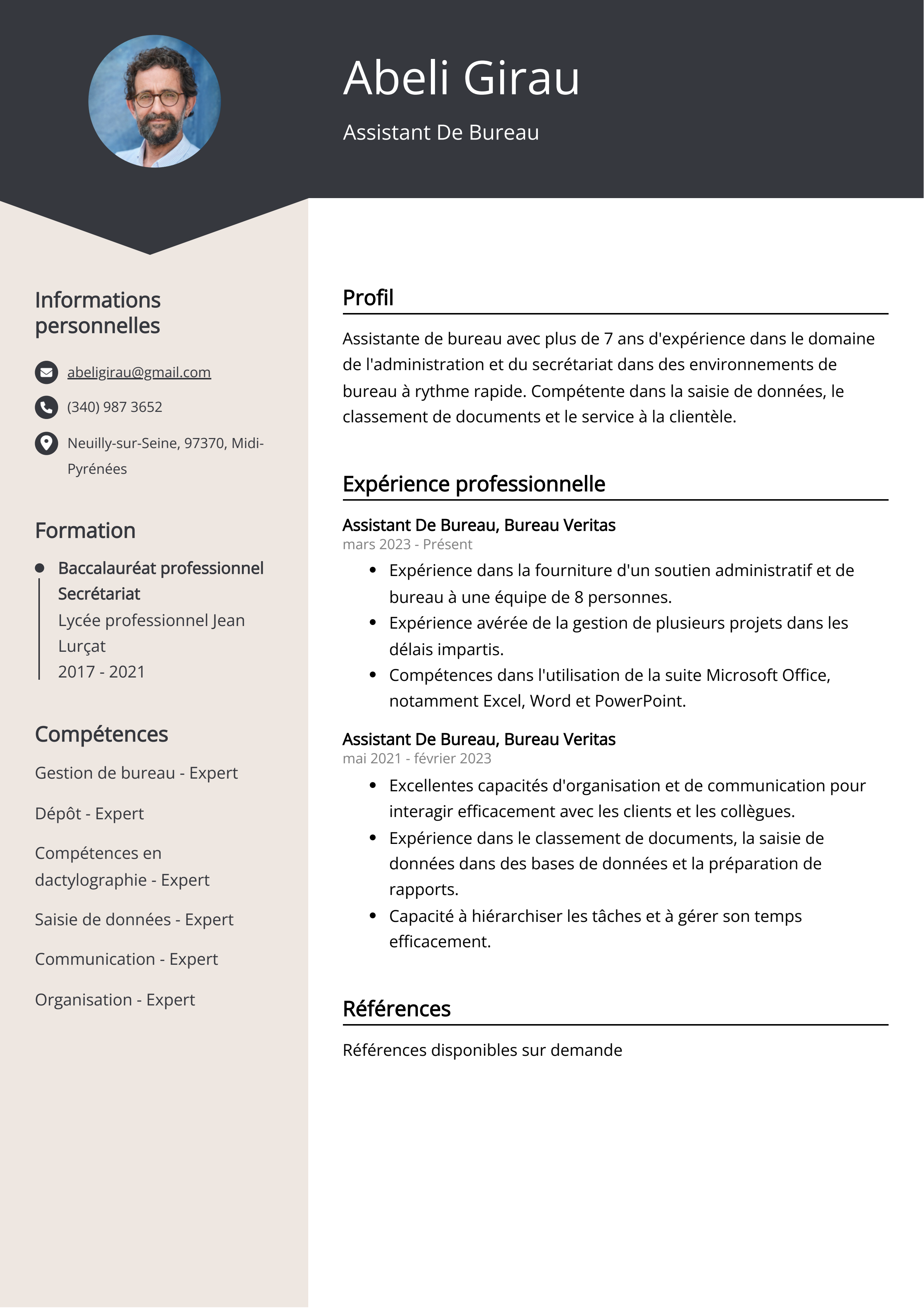 Exemple de curriculum vitae d'un assistant de bureau