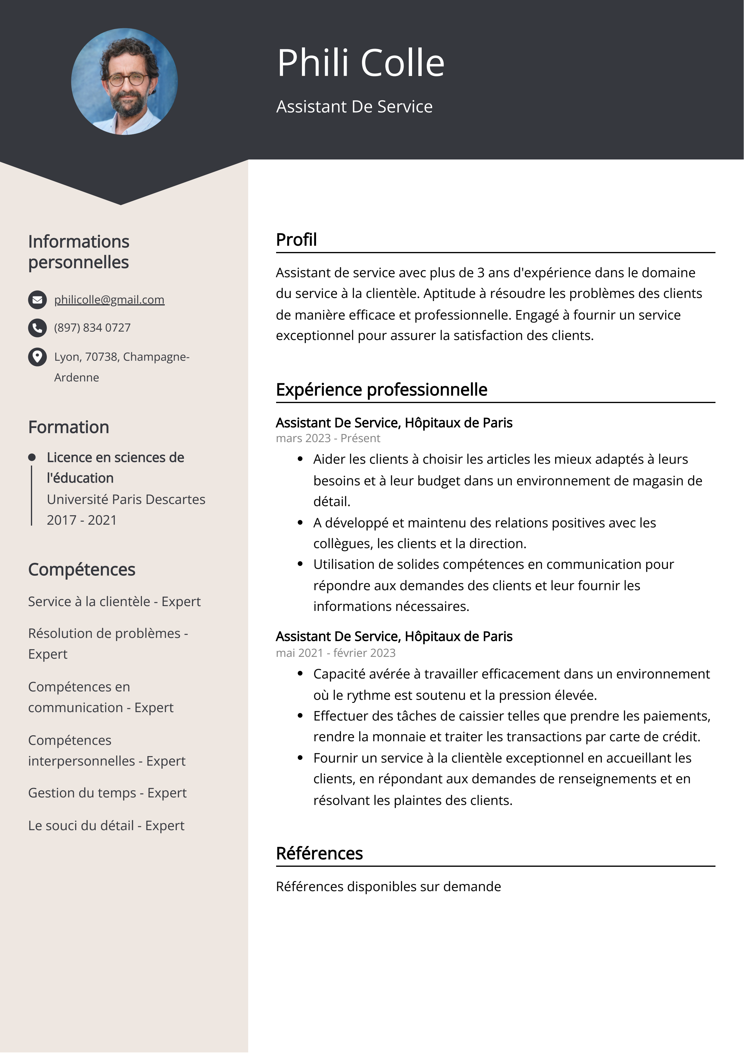 Exemple de curriculum vitae d'un assistant de service