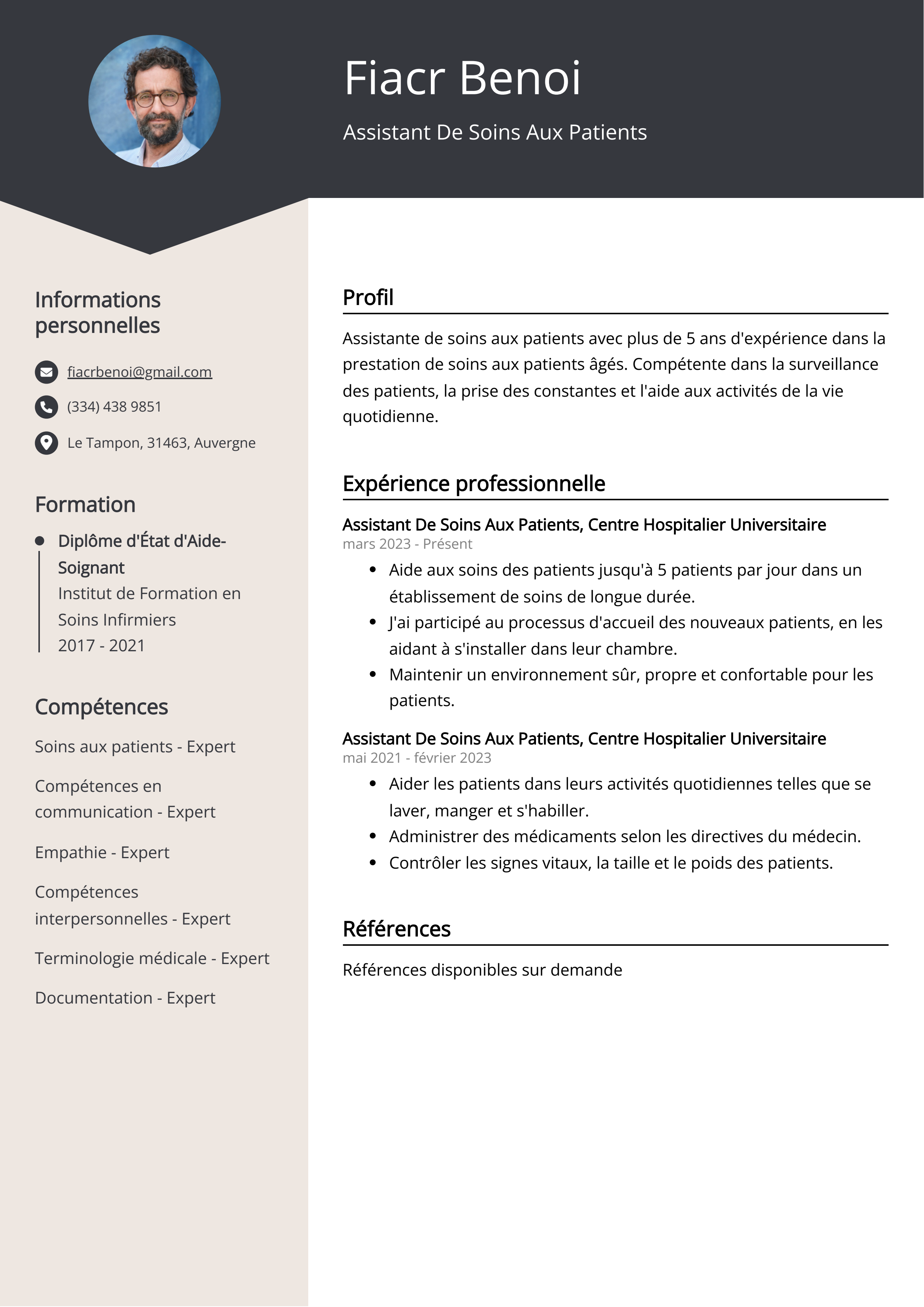 Assistant De Soins Aux Patients Exemple de CV