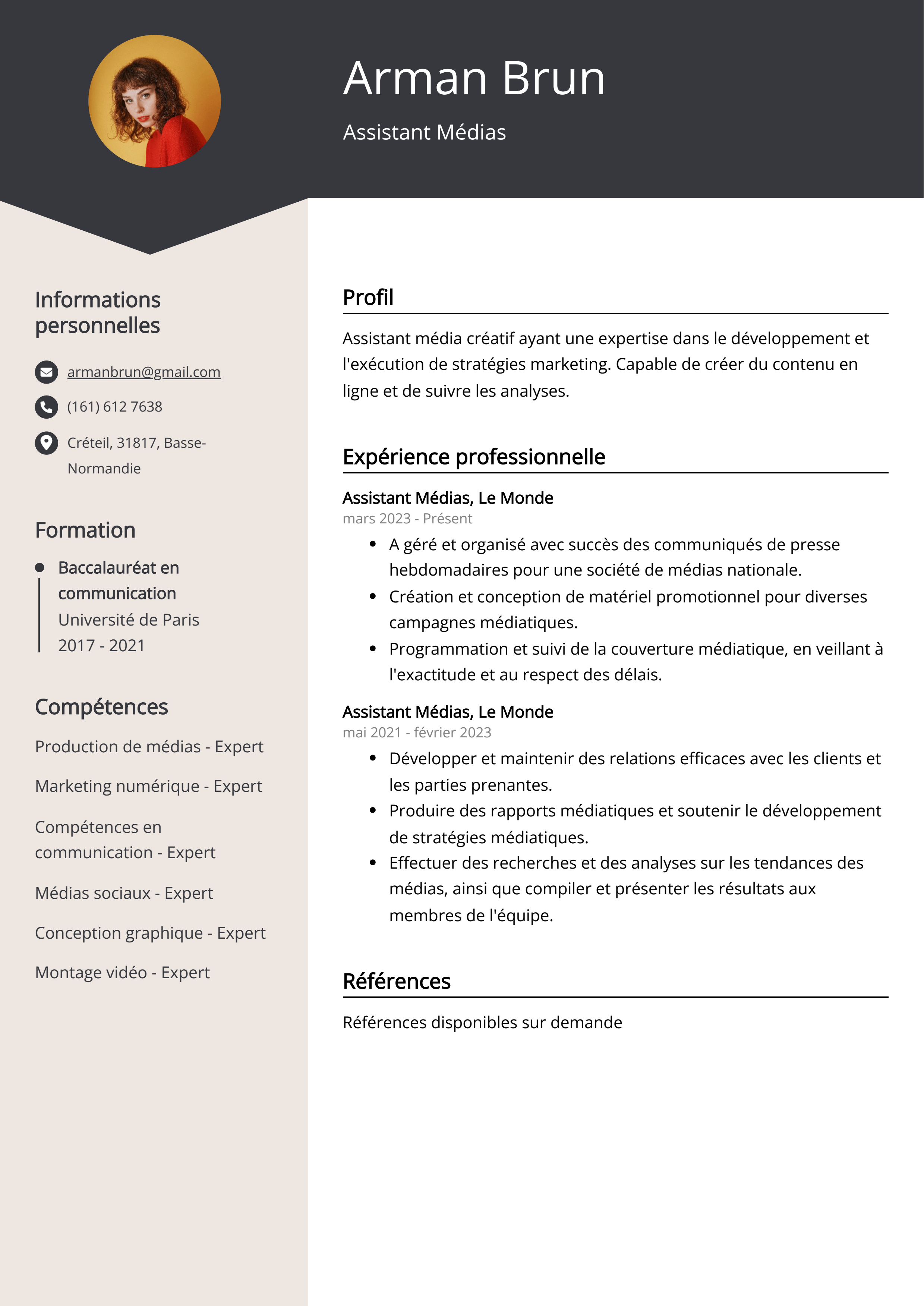 Exemple de curriculum vitae d'un assistant médias