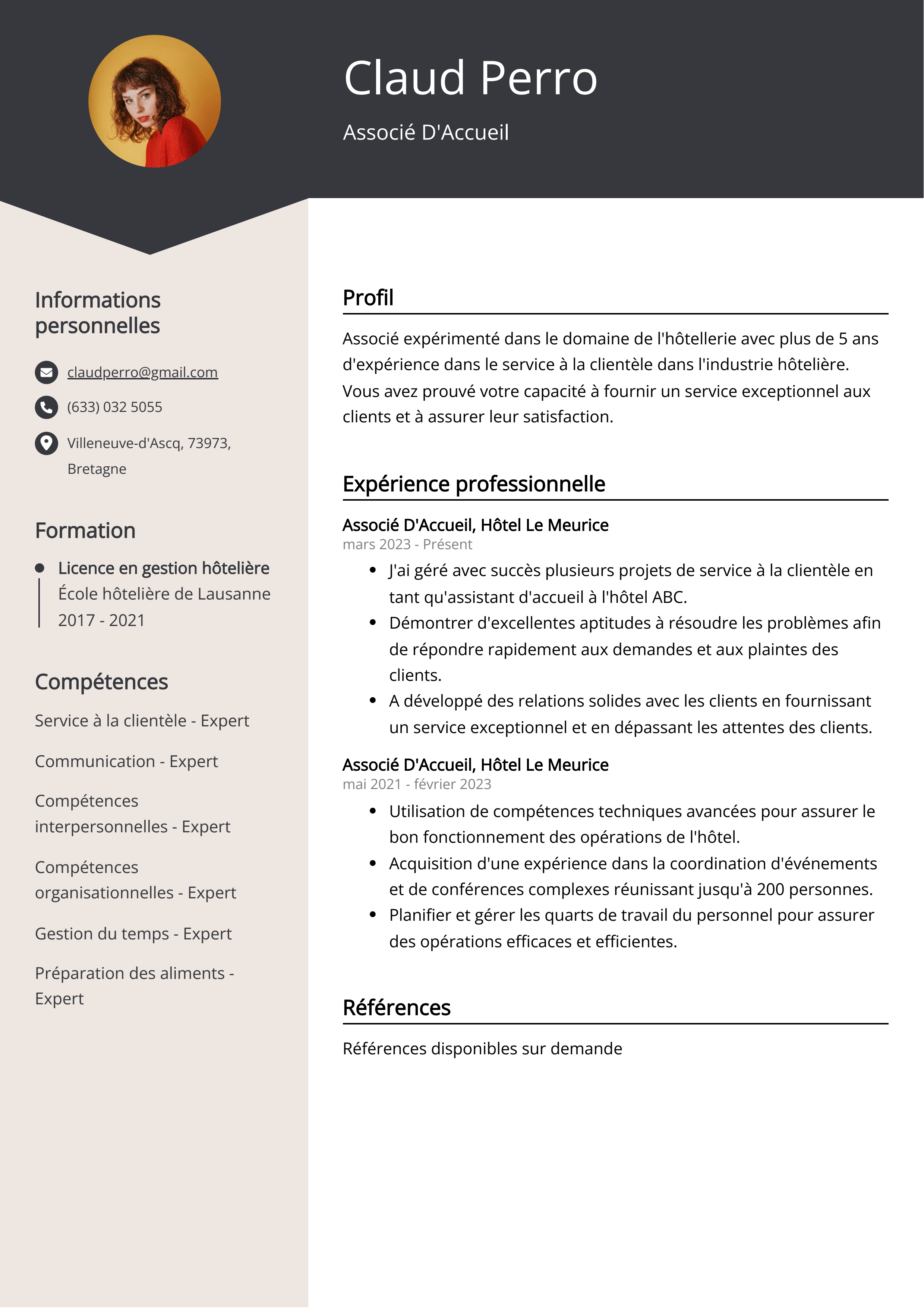 Exemple de curriculum vitae d'un associé d'accueil