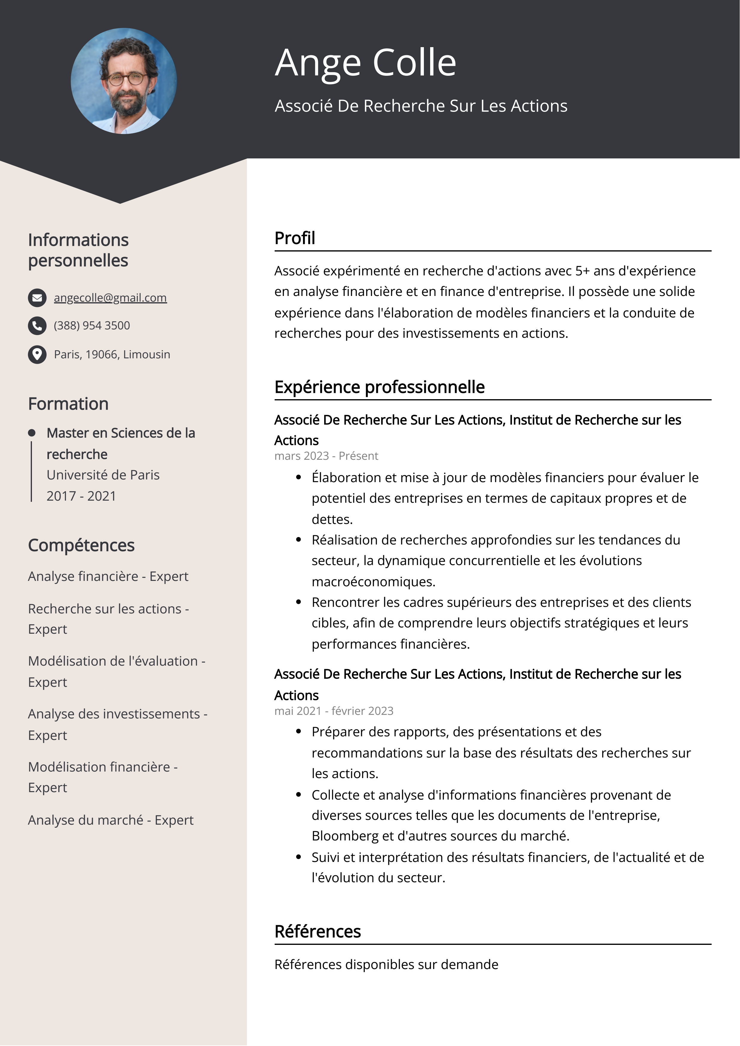 Associé De Recherche Sur Les Actions Exemple de CV