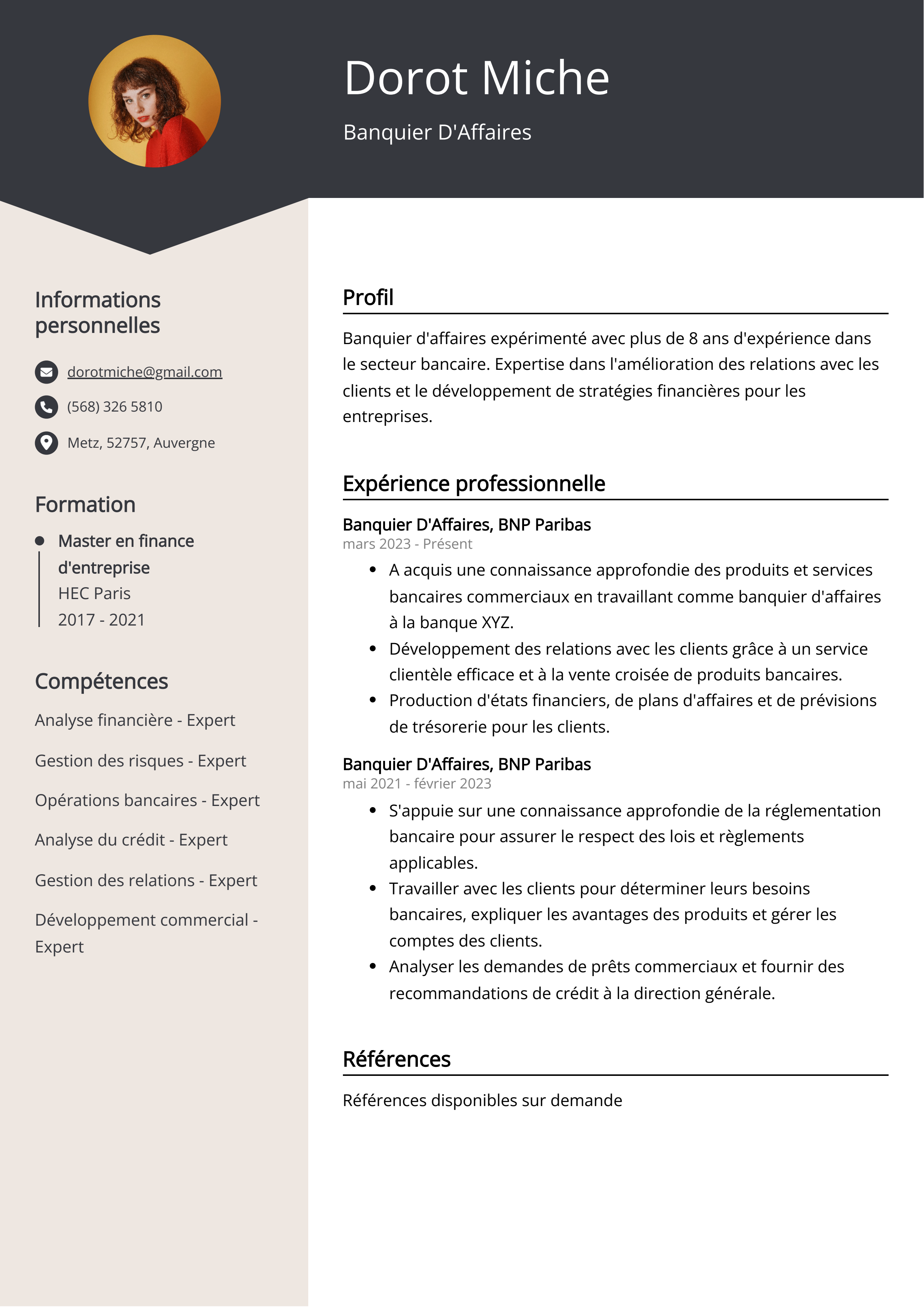 Exemple de curriculum vitae d'un banquier d'affaires