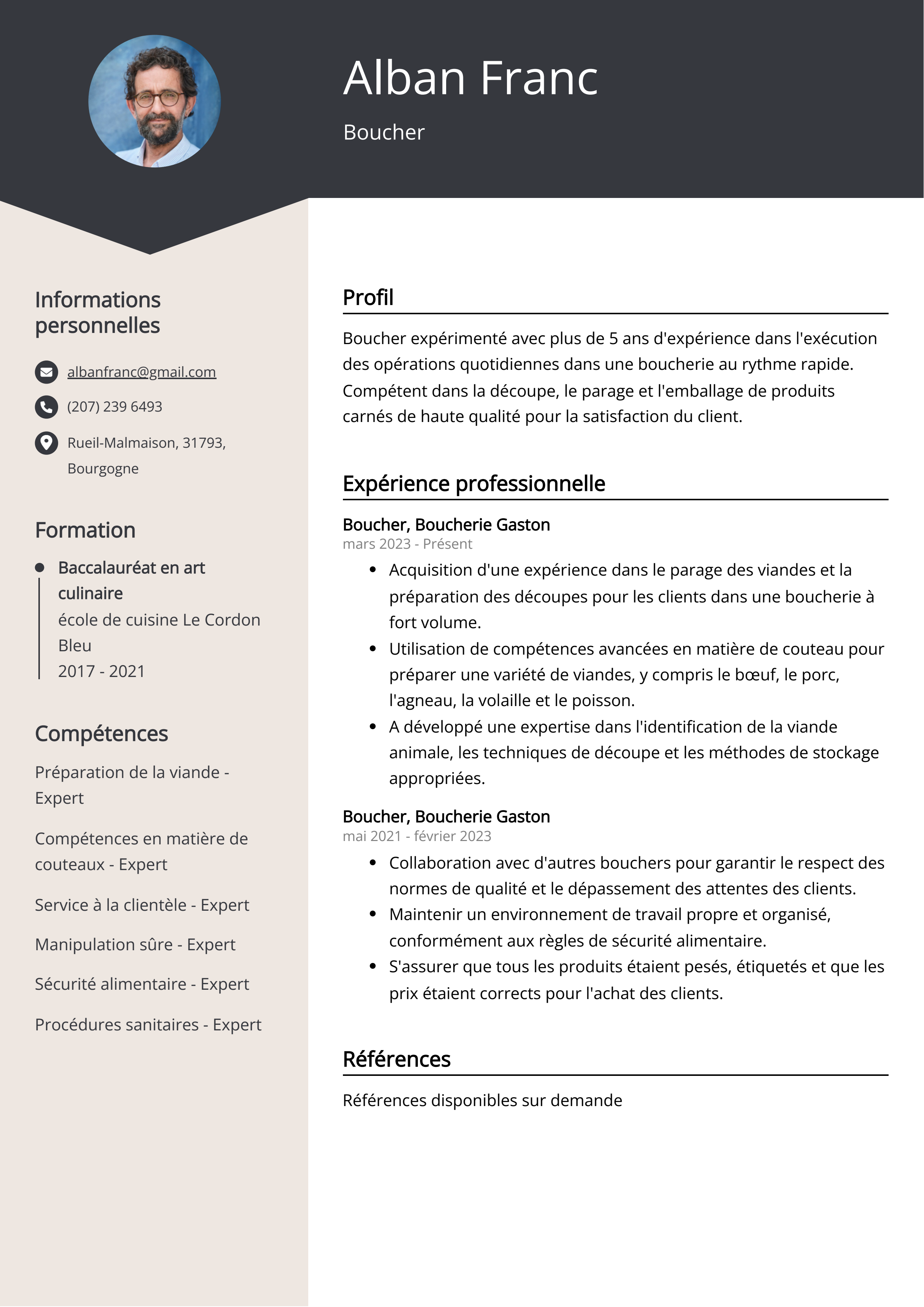 Exemple de curriculum vitae d'un boucher