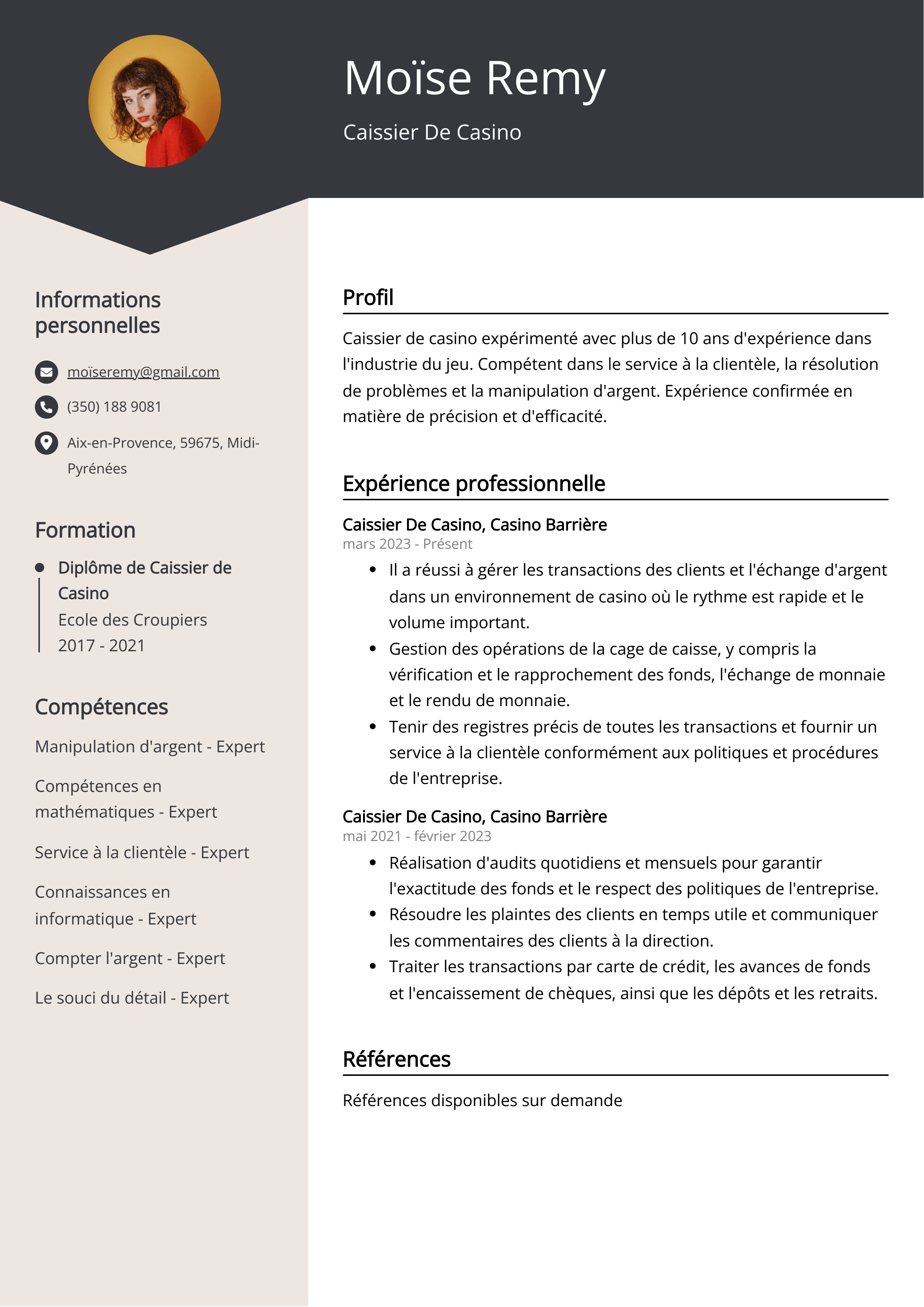 Exemple de curriculum vitae d'un caissier de casino