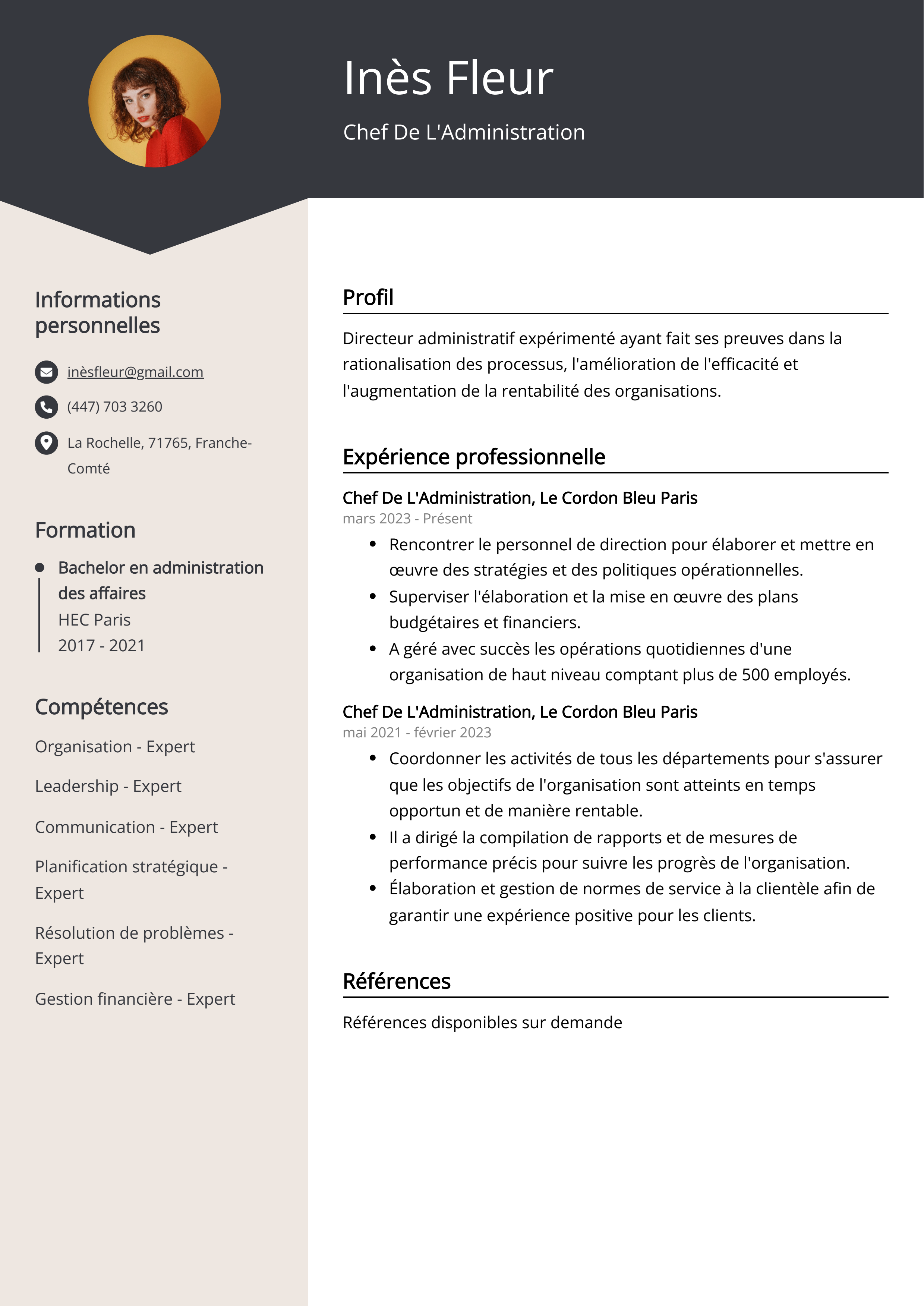 Chef de l'administration Exemple de CV