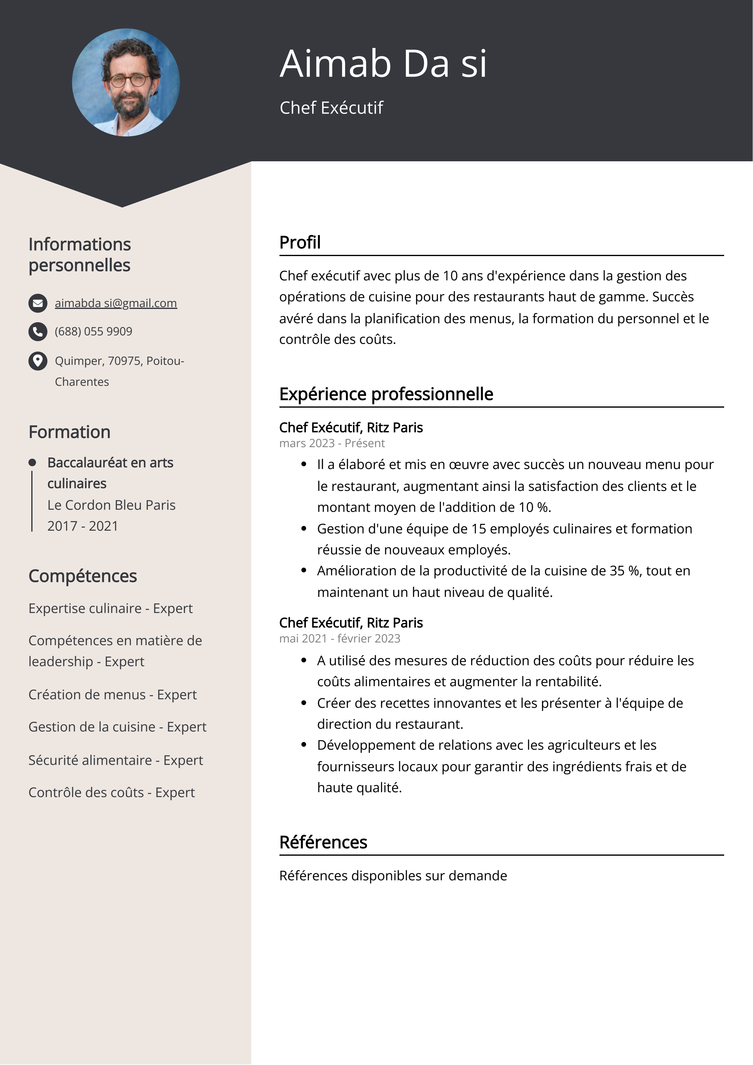 Exemple de curriculum vitae de chef exécutif