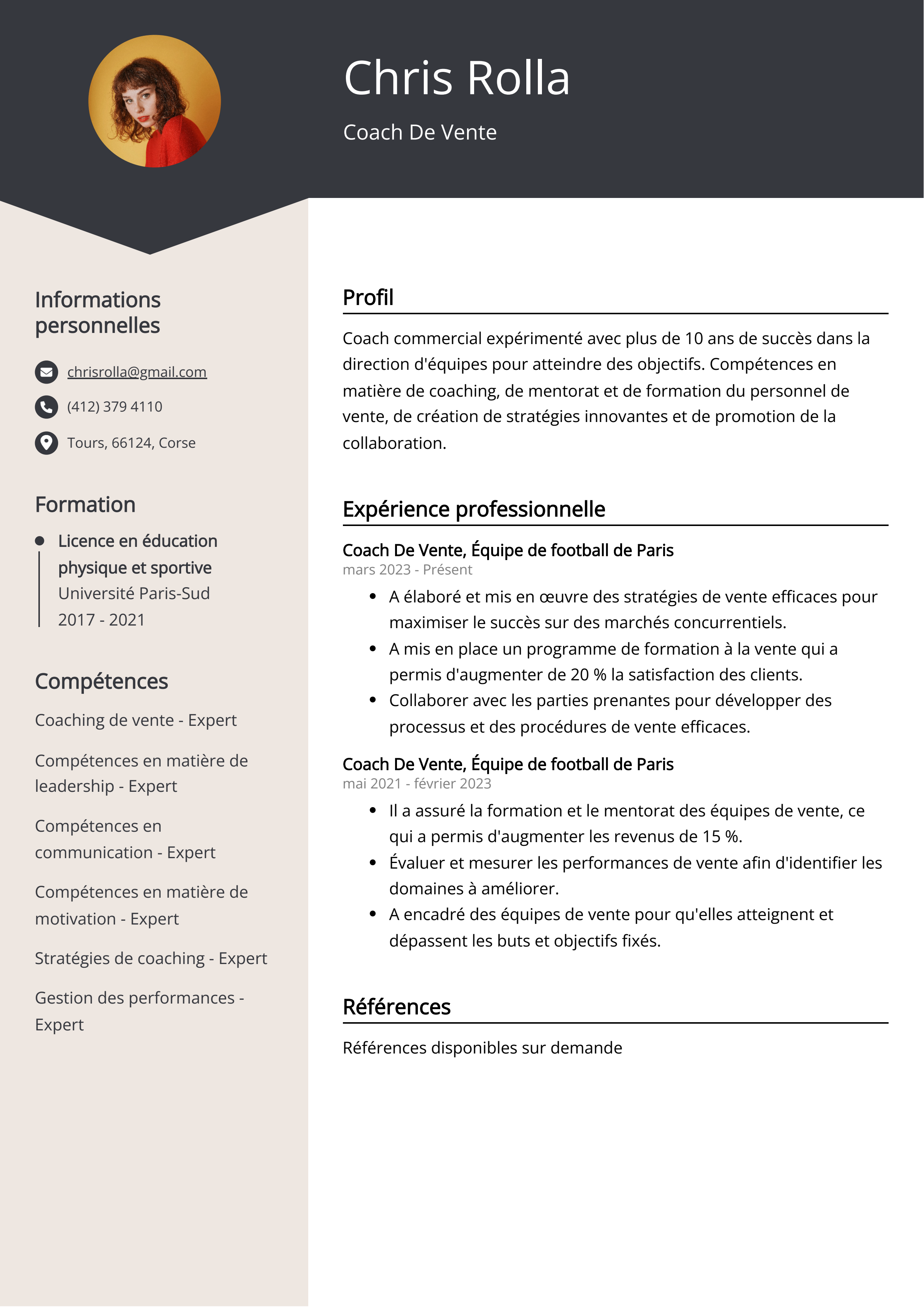 Exemple de CV de coach de vente