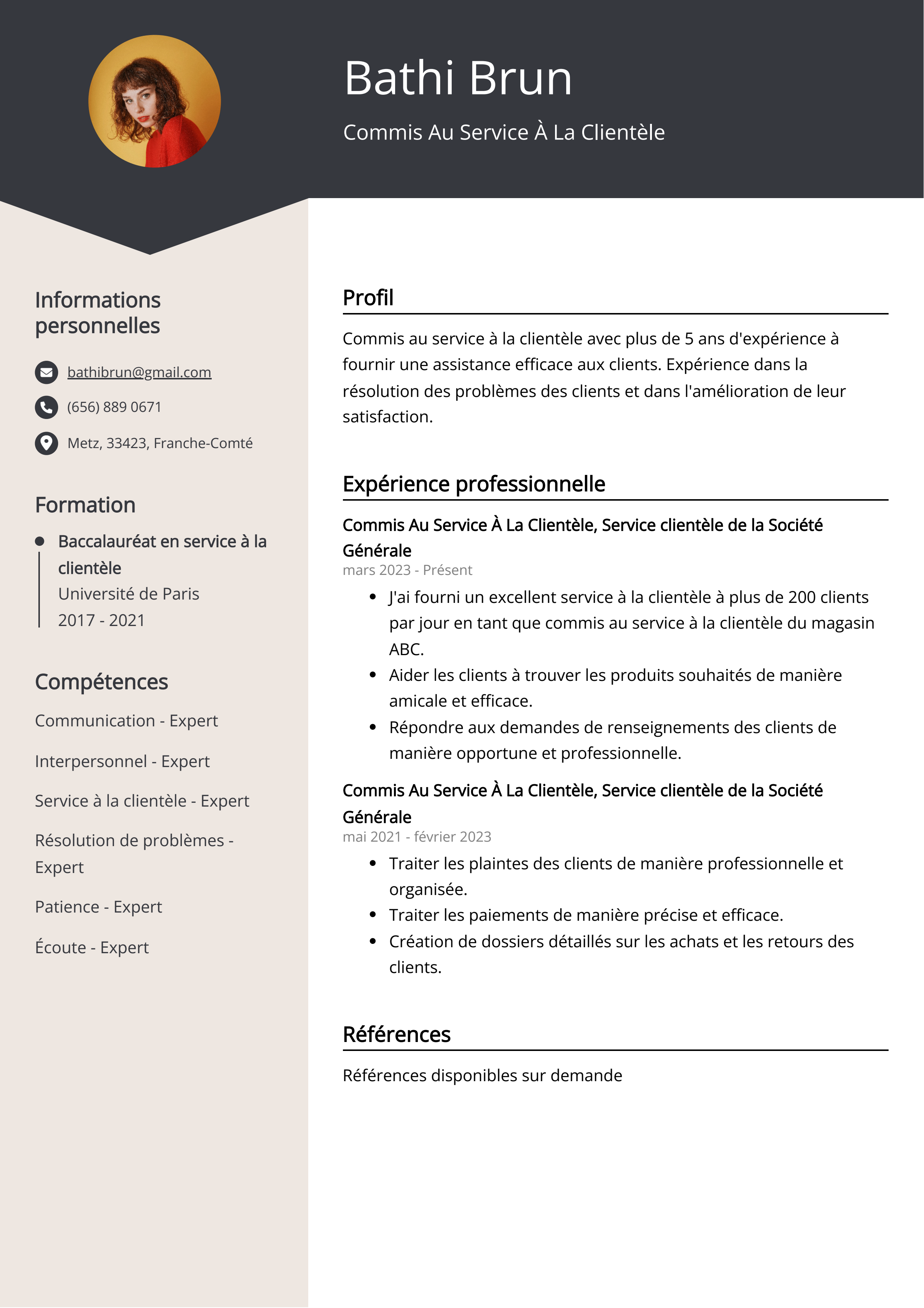 Exemple de CV de Commis Au Service À La Clientèle