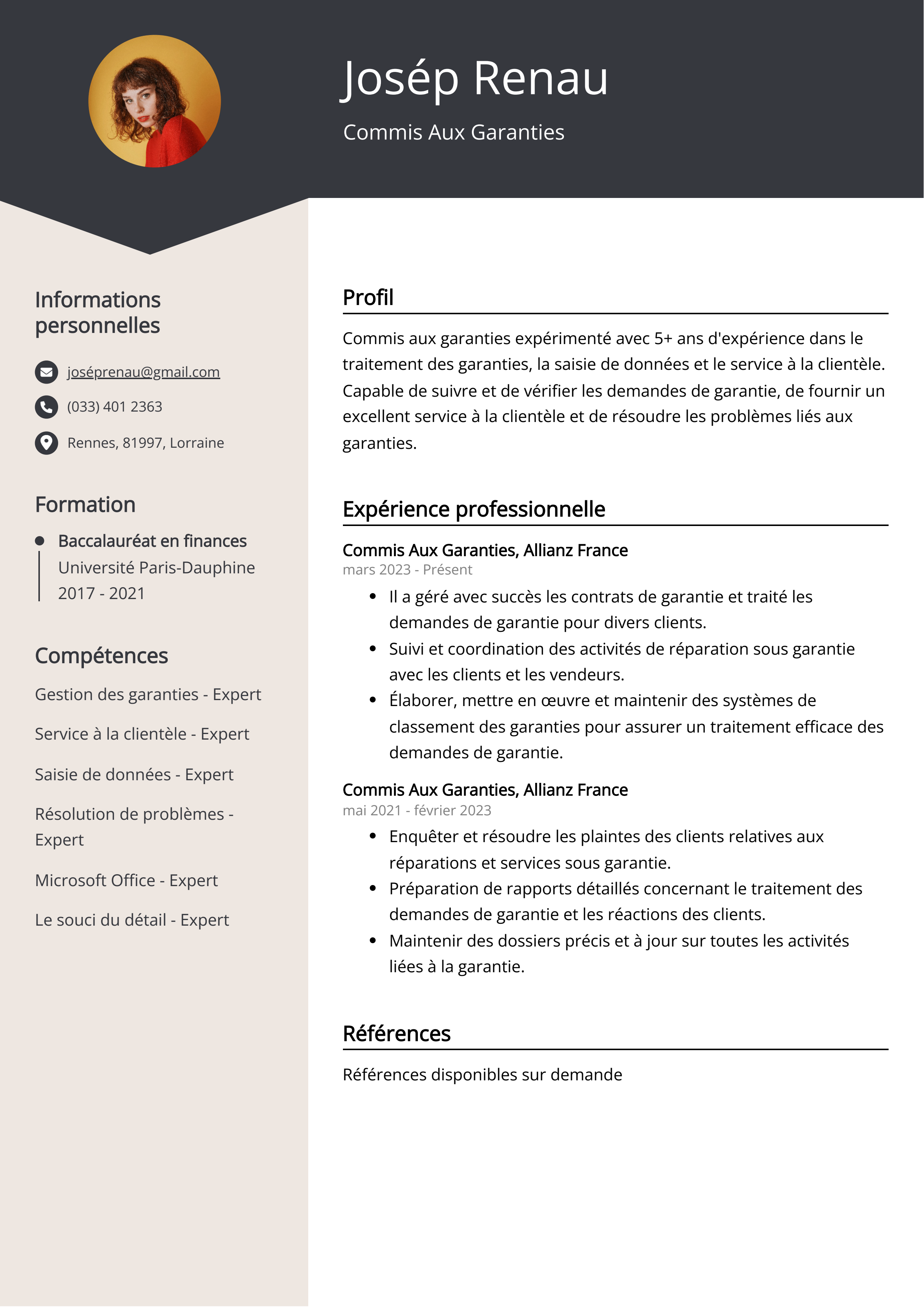 Exemple de CV de Commis Aux Garanties