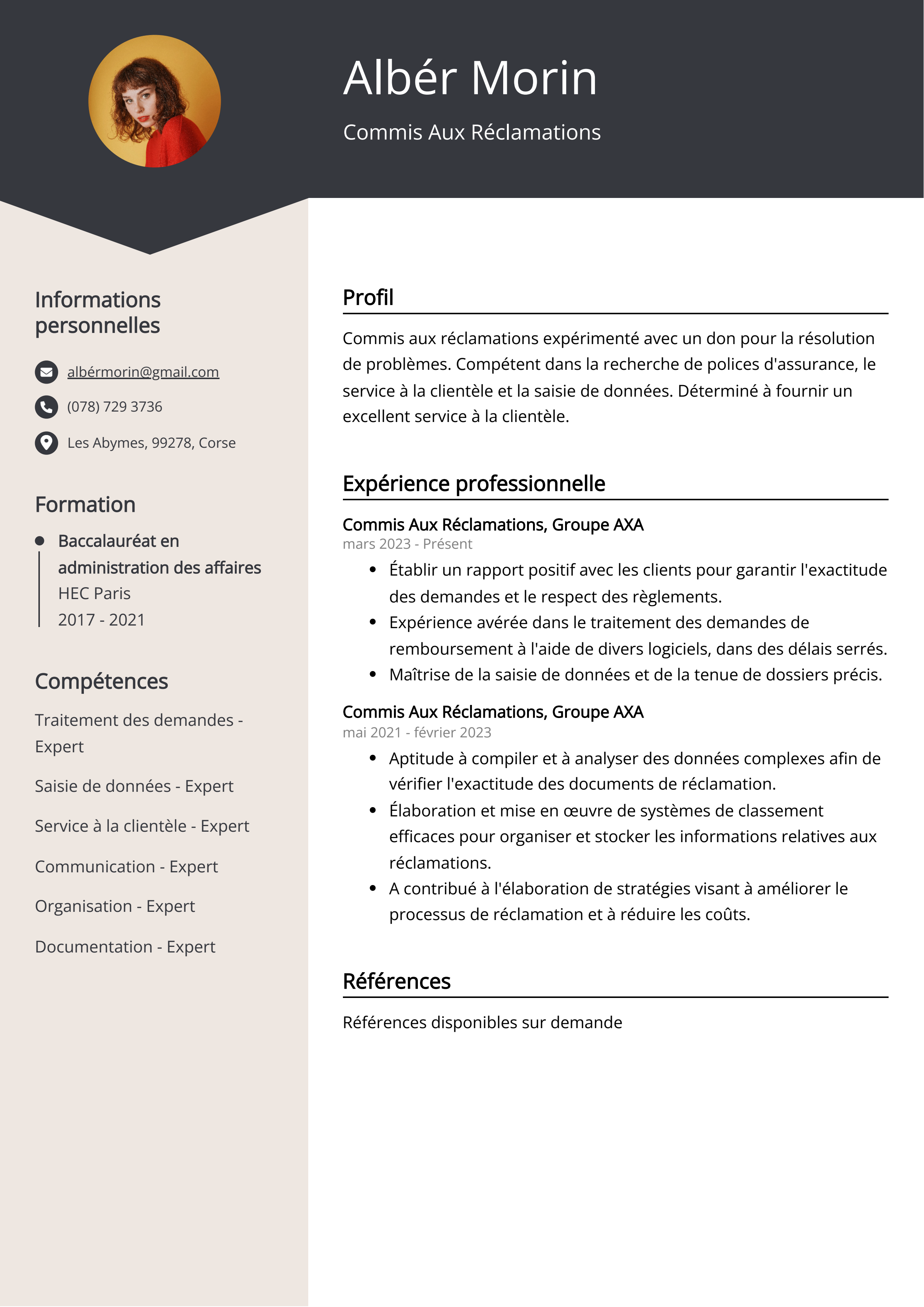 Exemple de CV de Commis Aux Réclamations