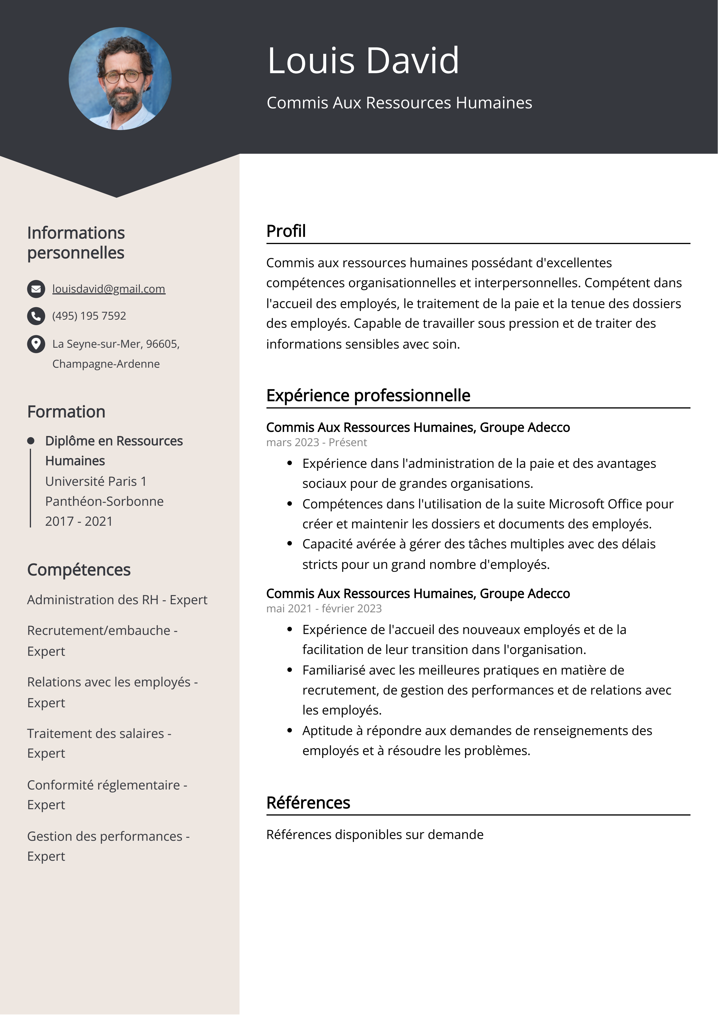 Exemple de CV de Commis Aux Ressources Humaines