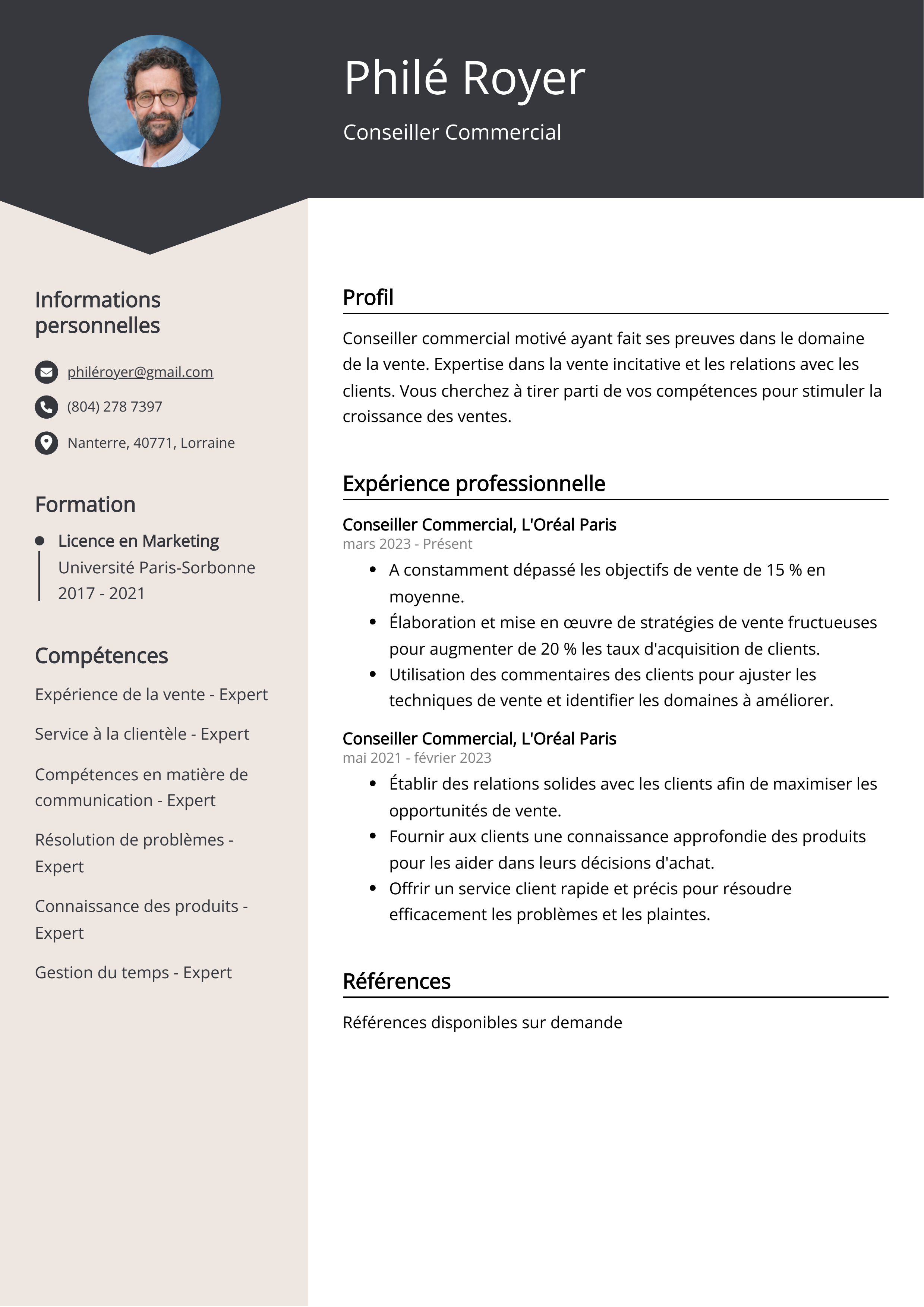 Exemple de curriculum vitae d'un conseiller commercial