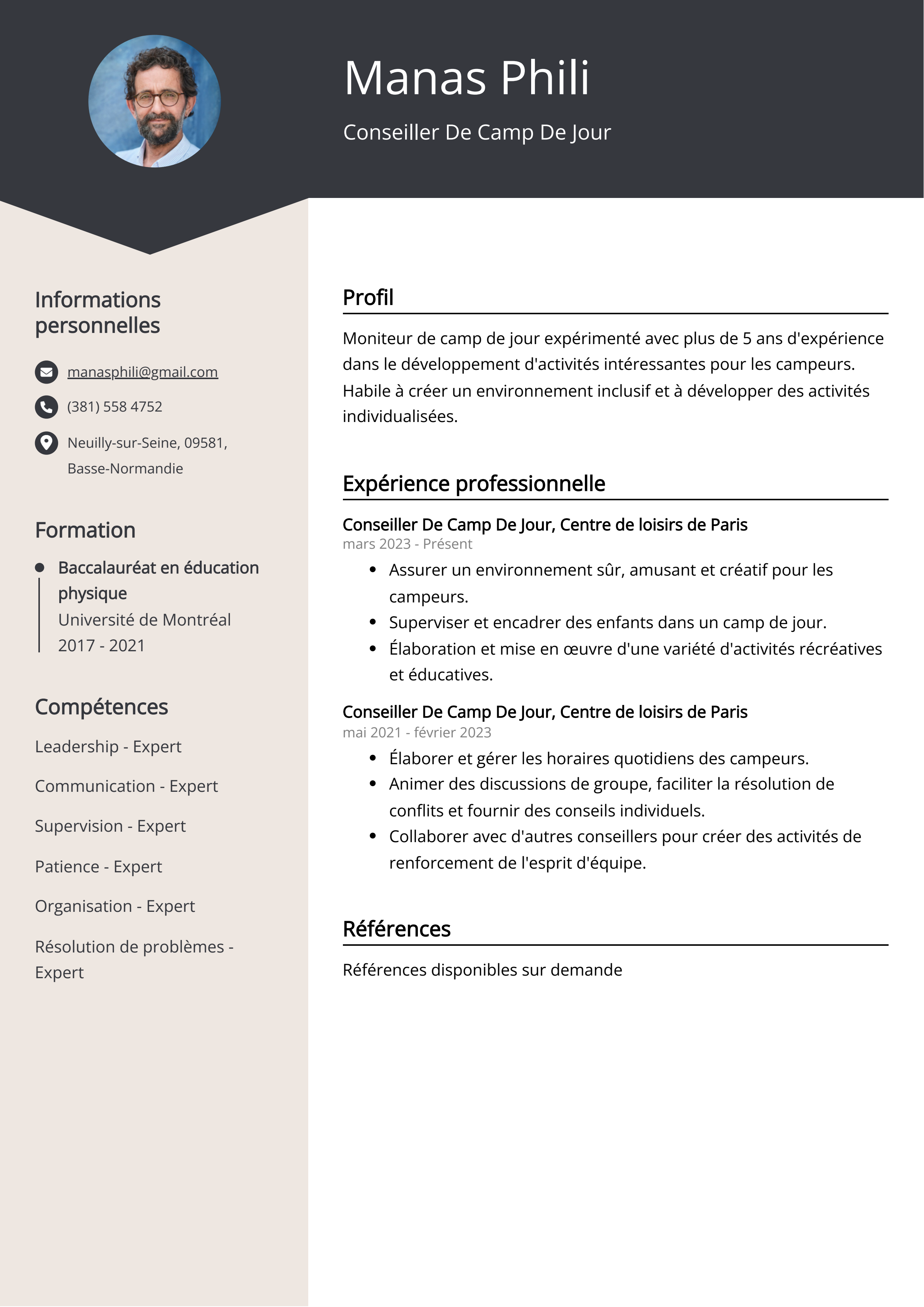 Conseiller De Camp De Jour Exemple de CV