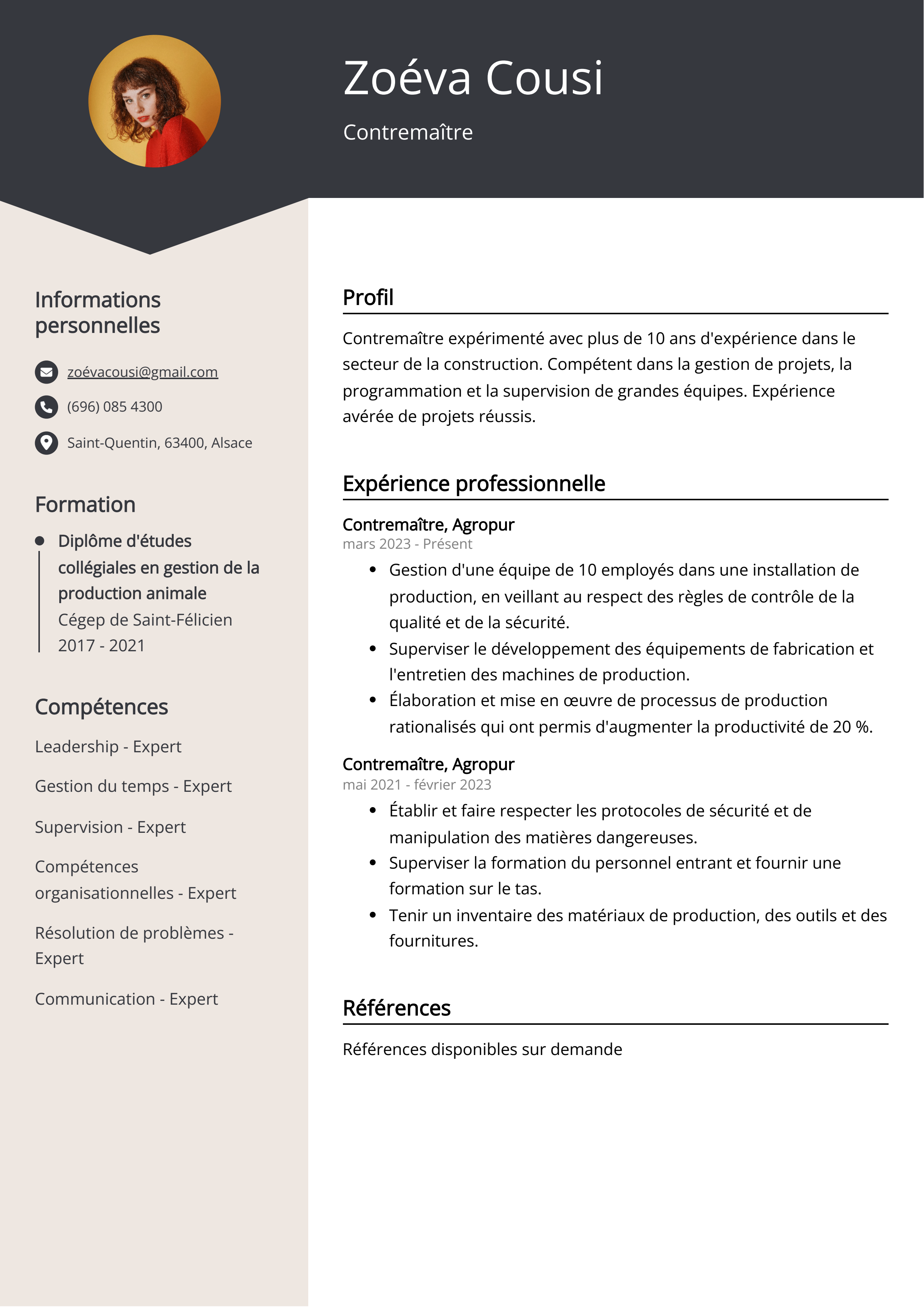 Exemple de CV de Contremaître