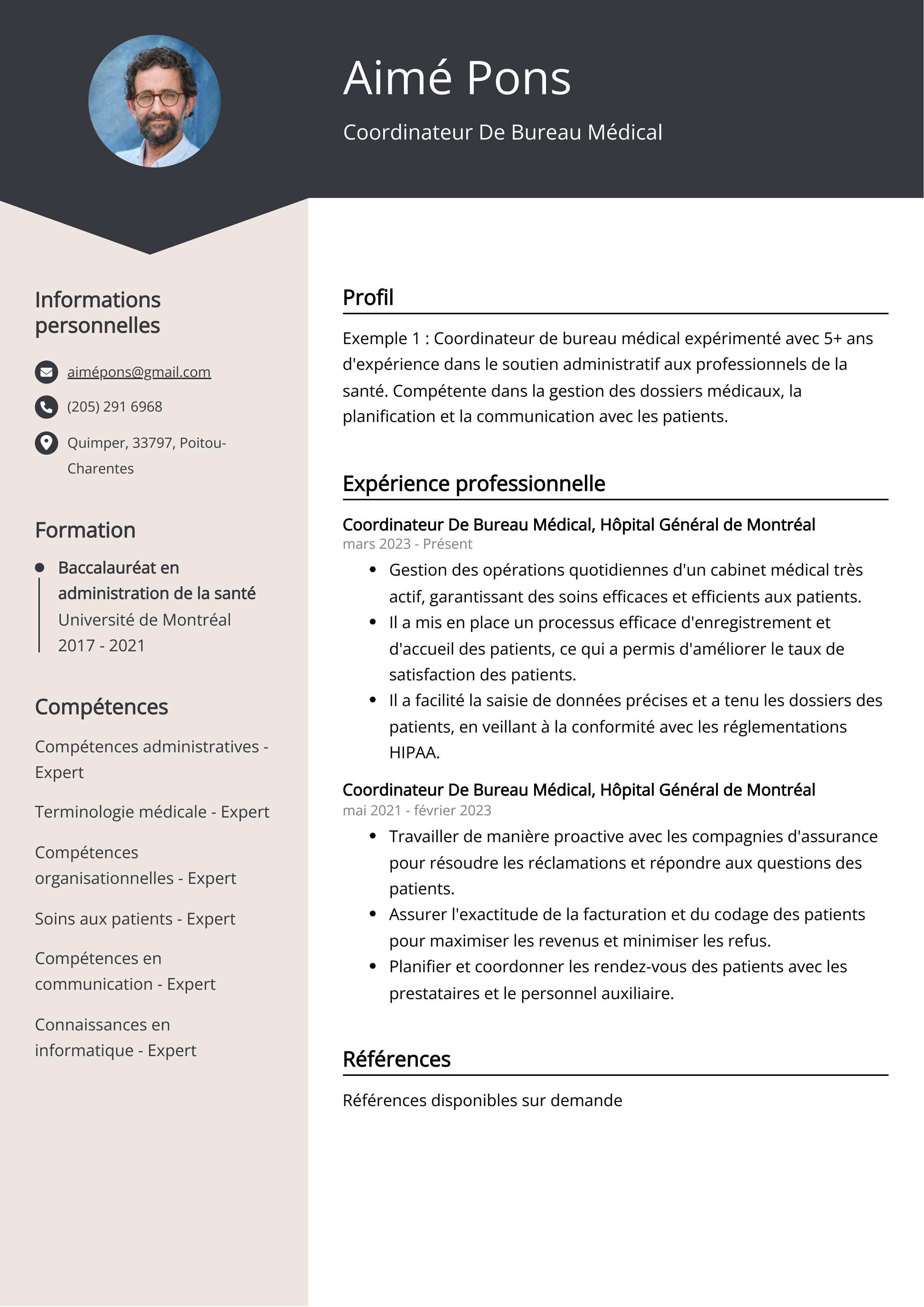 Coordinateur De Bureau Médical Exemple de CV