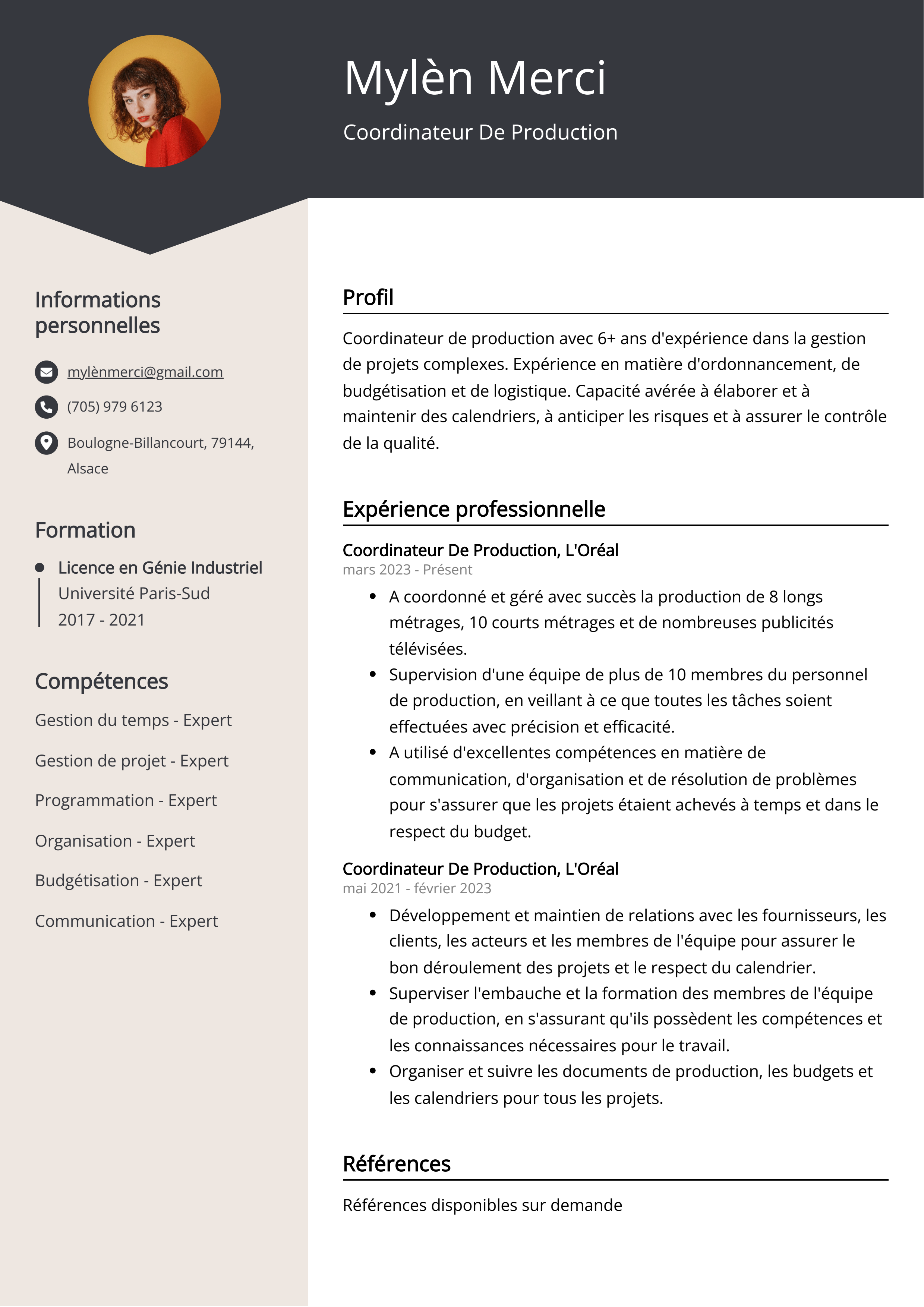 Coordinateur de production Exemple de CV