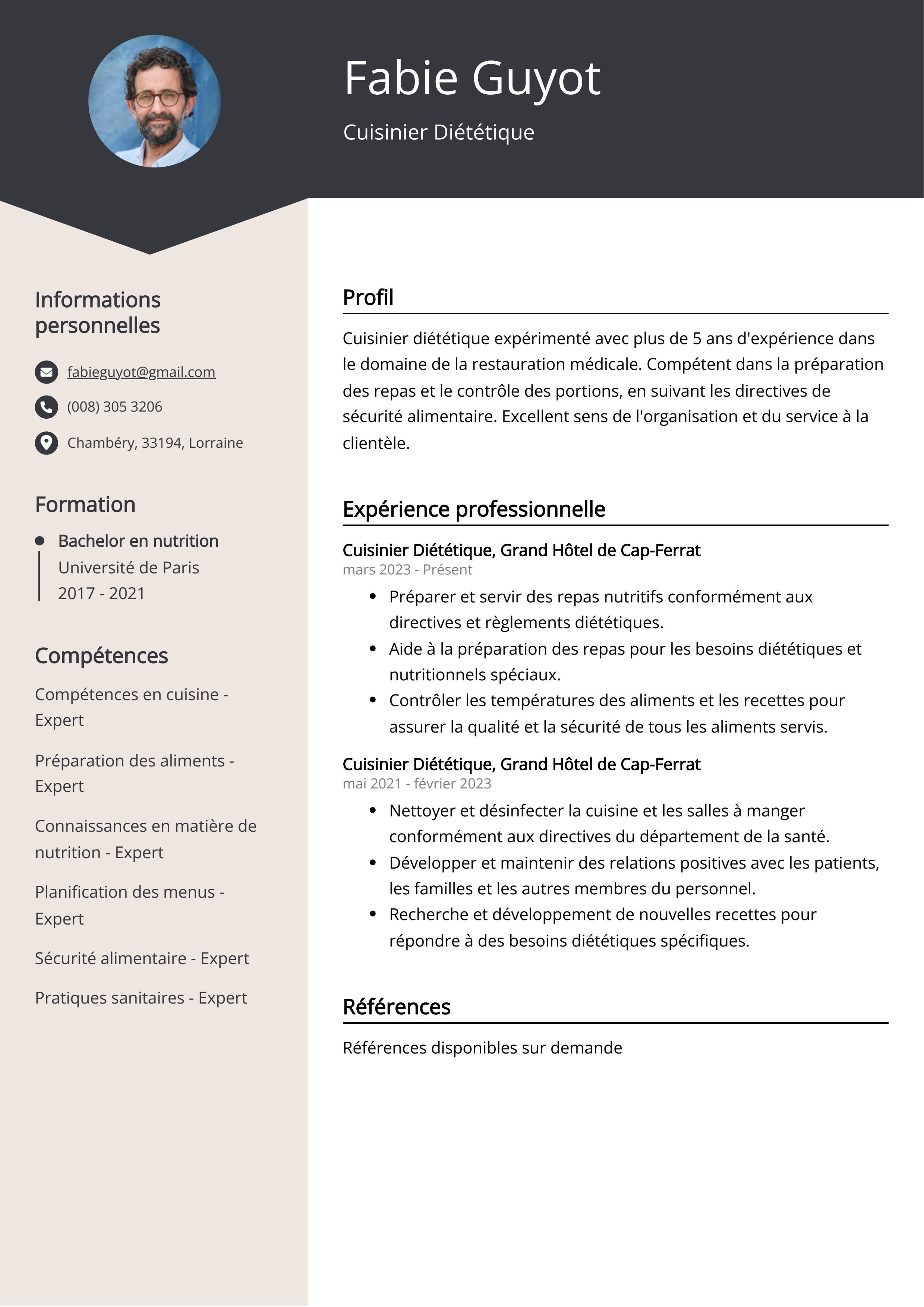 Exemple de curriculum vitae de cuisinier diététique