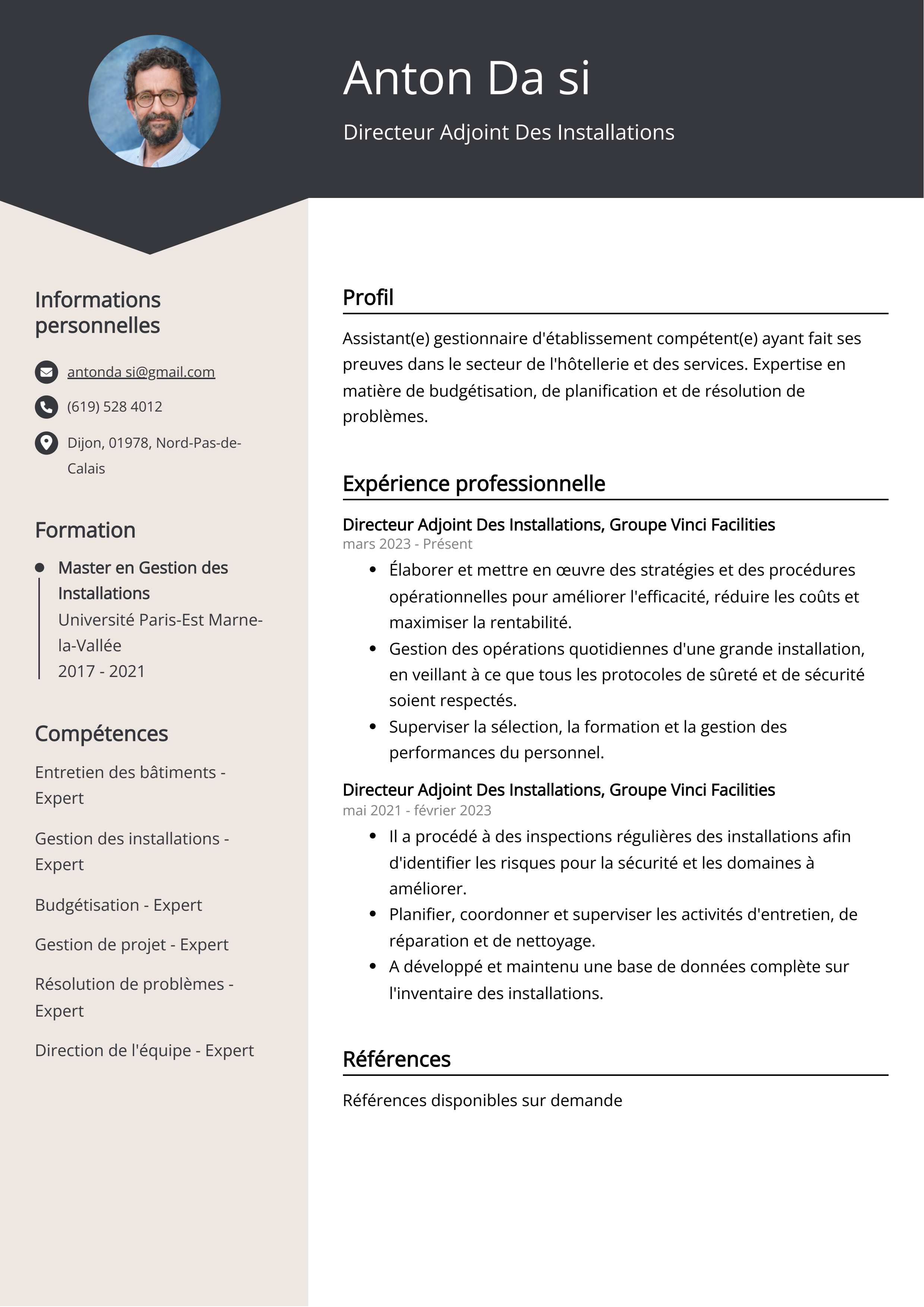 Directeur Adjoint Des Installations Exemple de CV