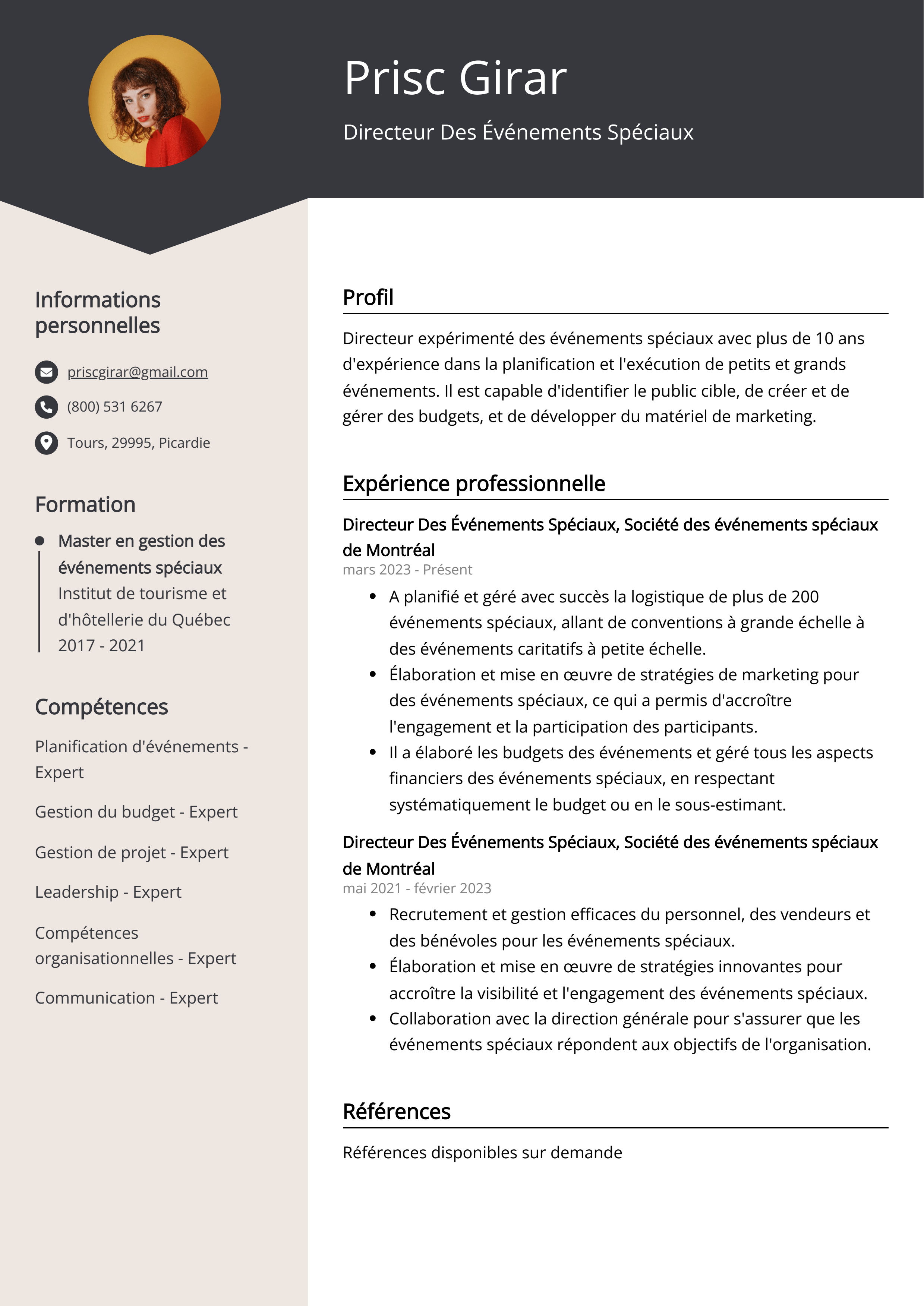 Directeur Des Événements Spéciaux Exemple de CV