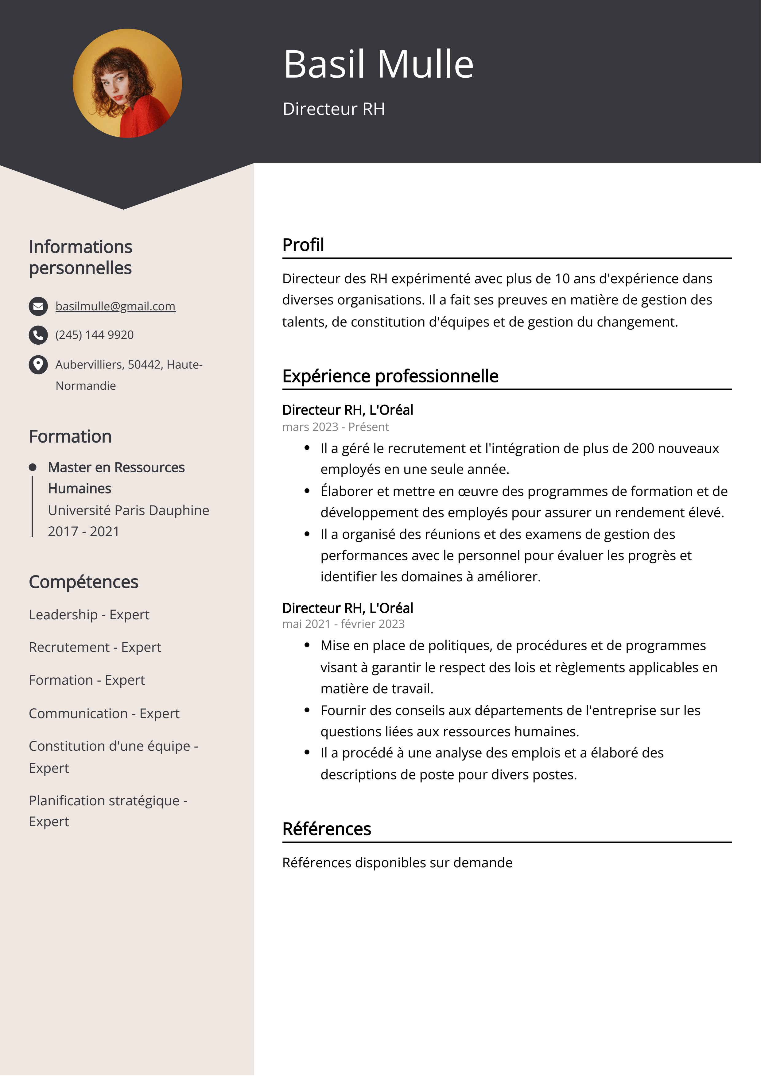 Exemple de curriculum vitae de Directeur RH