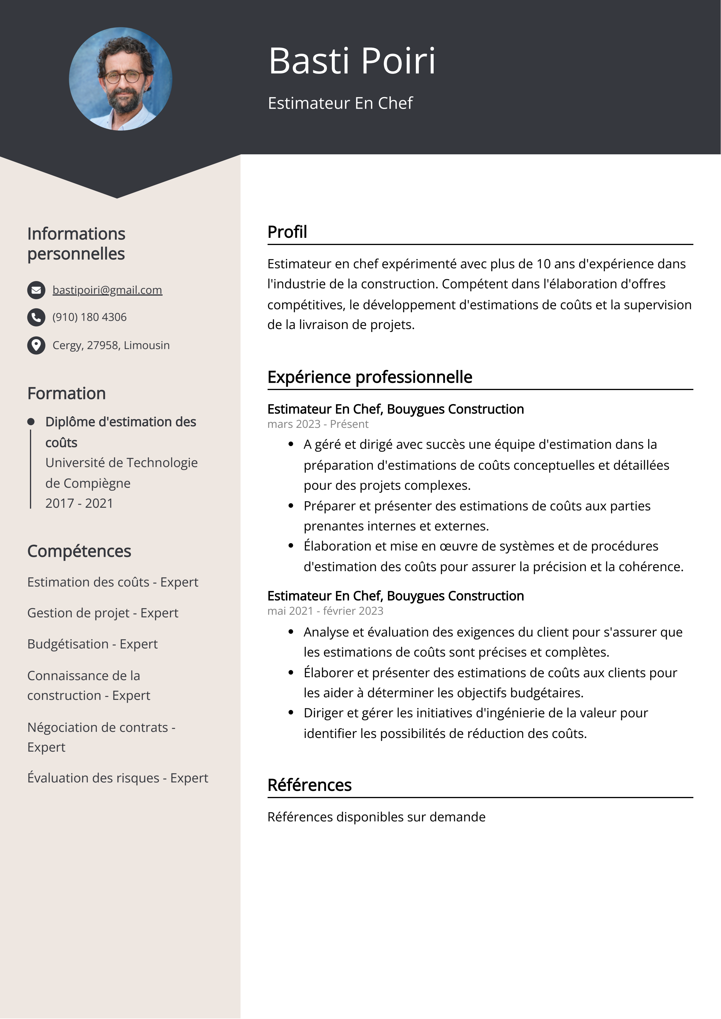 Estimateur En Chef Resume Example