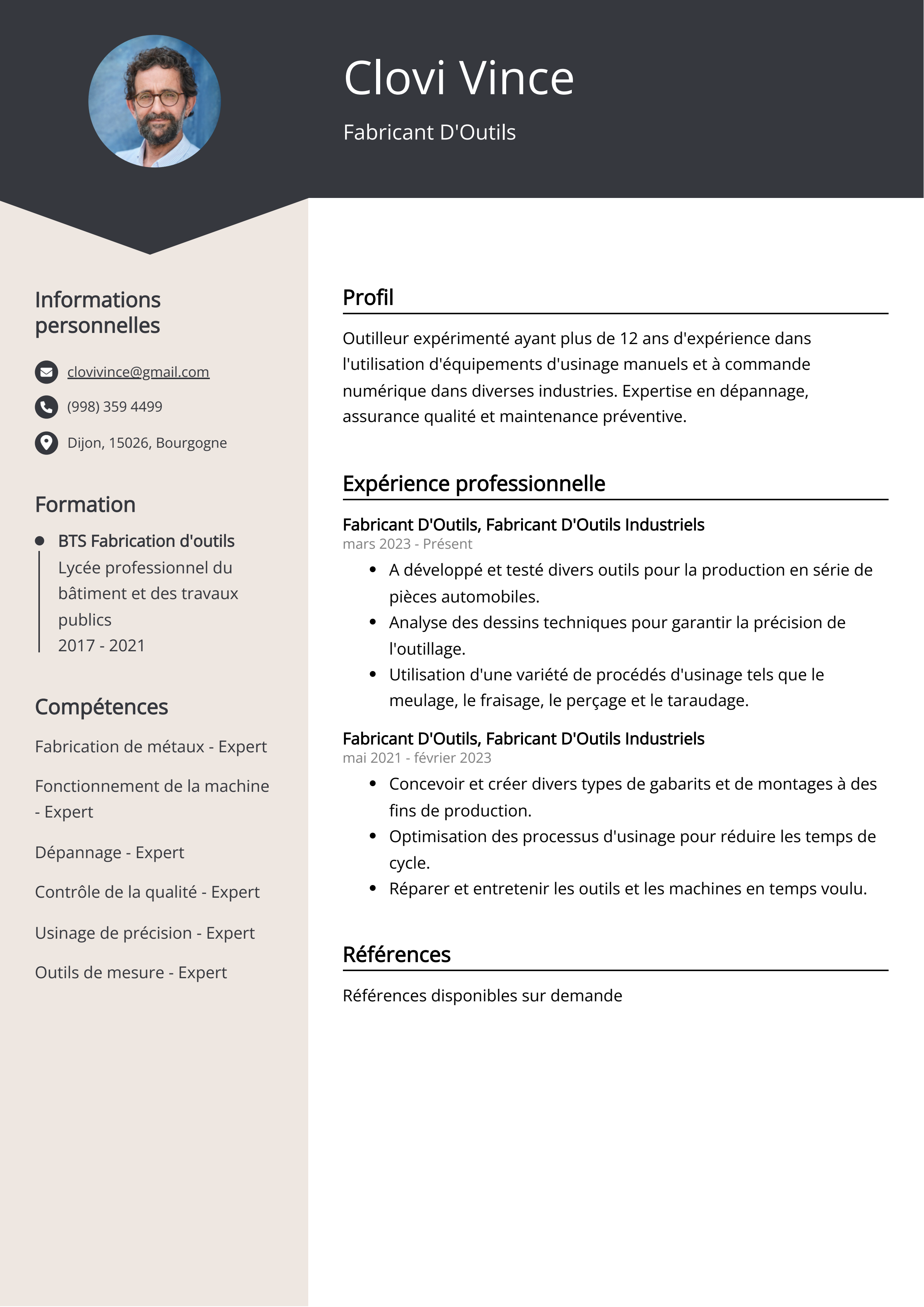 Exemple de curriculum vitae d'un fabricant d'outils