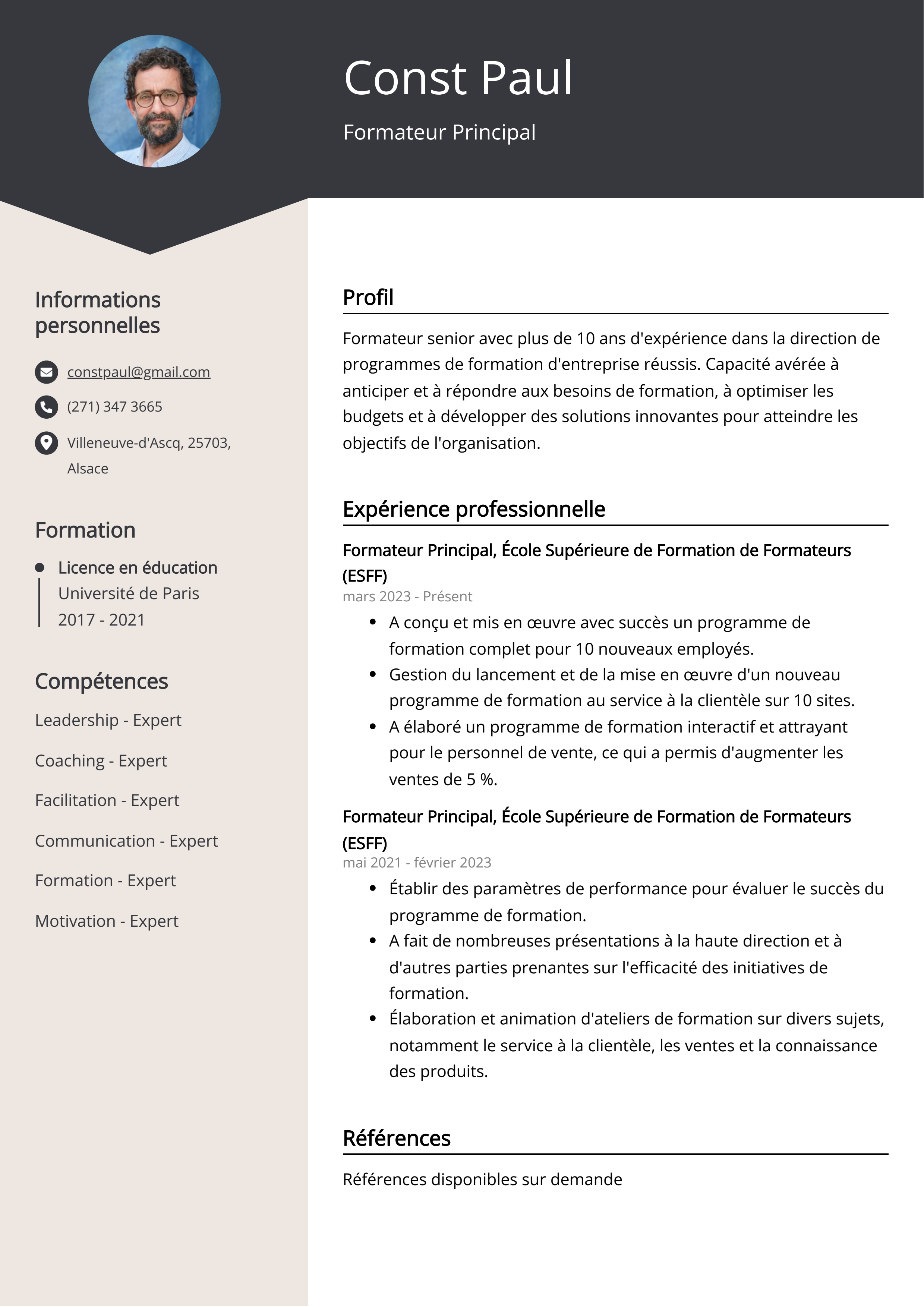 Exemple de curriculum vitae de formateur principal