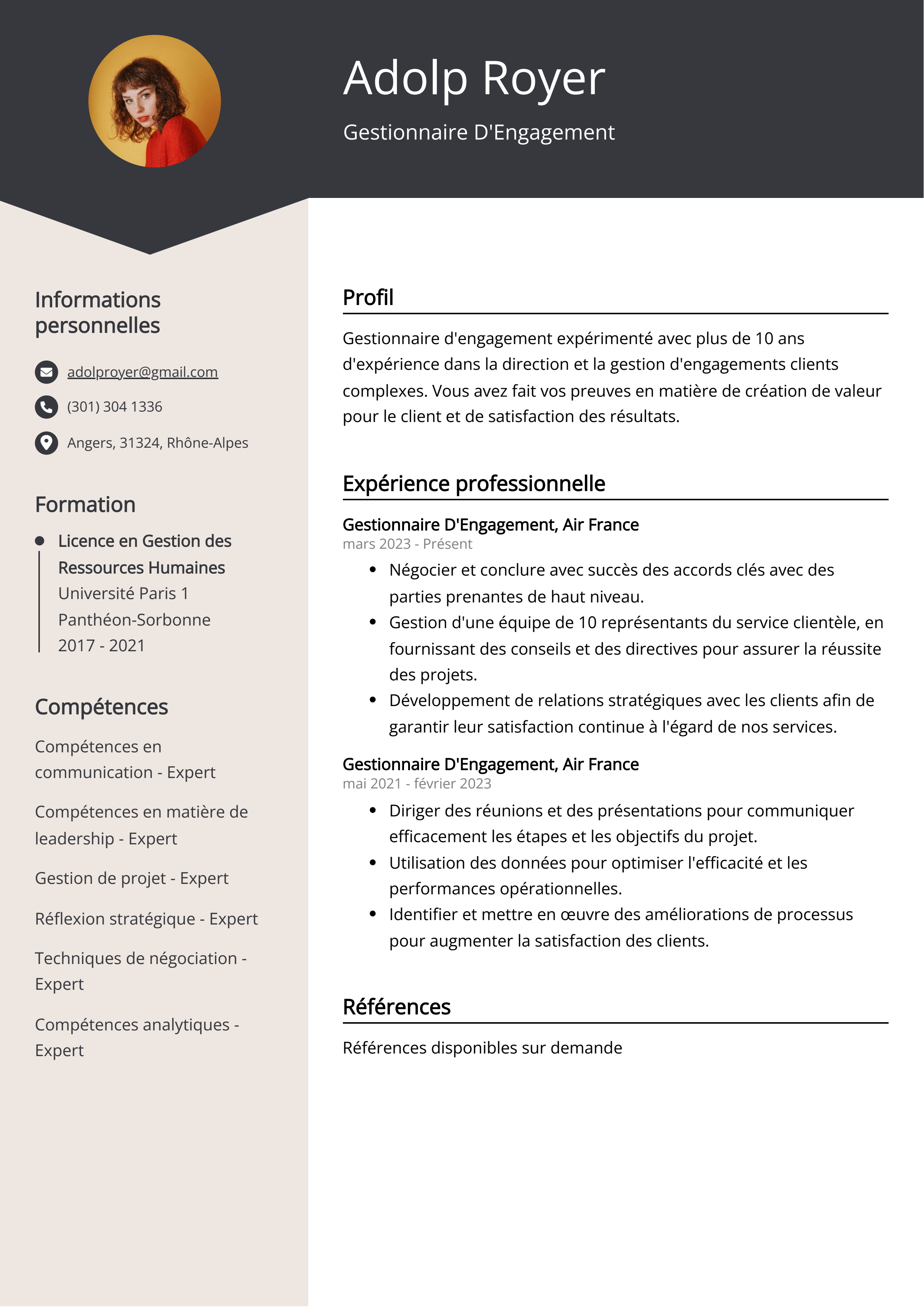 Exemple de curriculum vitae d'un gestionnaire d'engagement