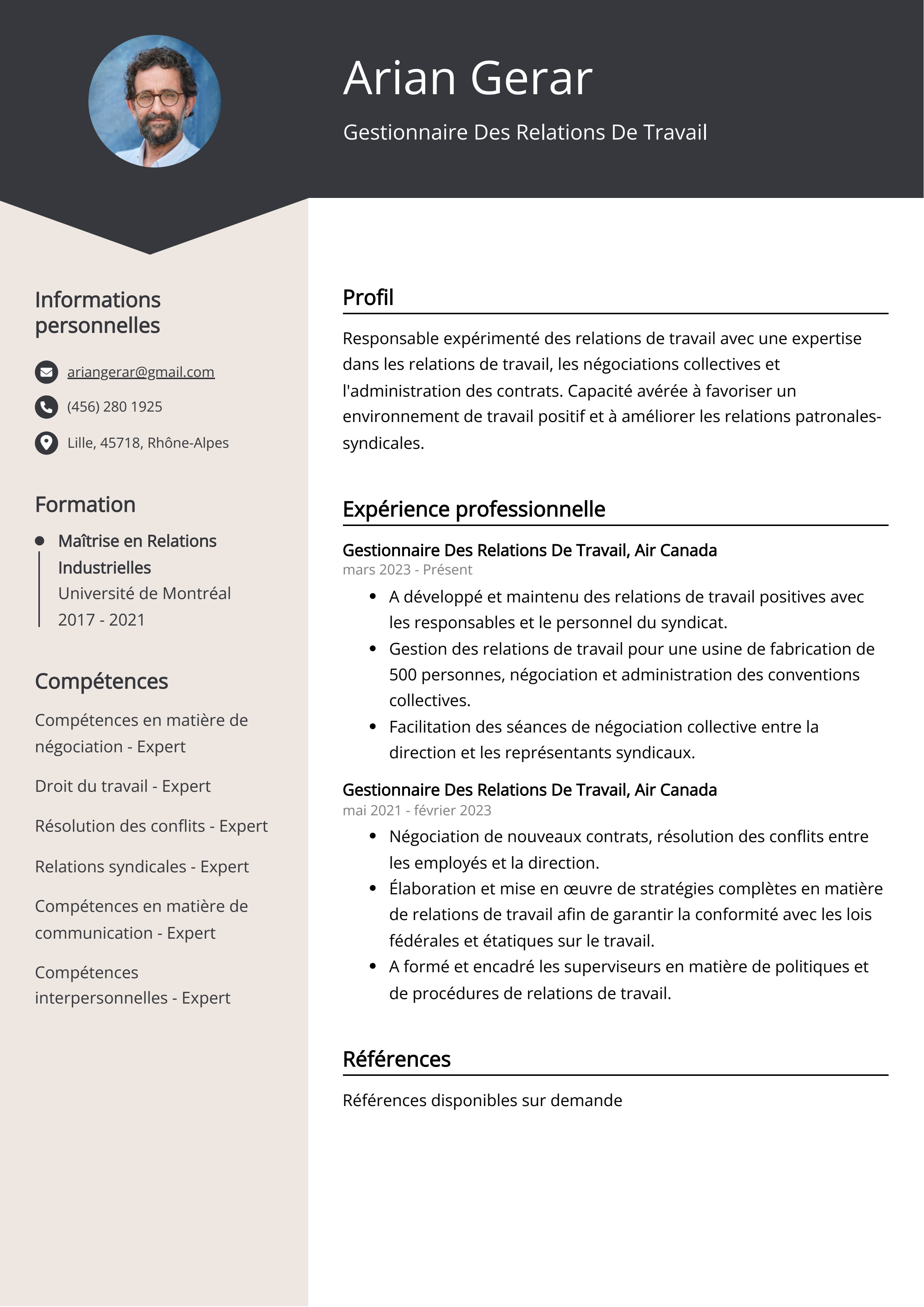 Exemple de curriculum vitae d'un gestionnaire des relations de travail