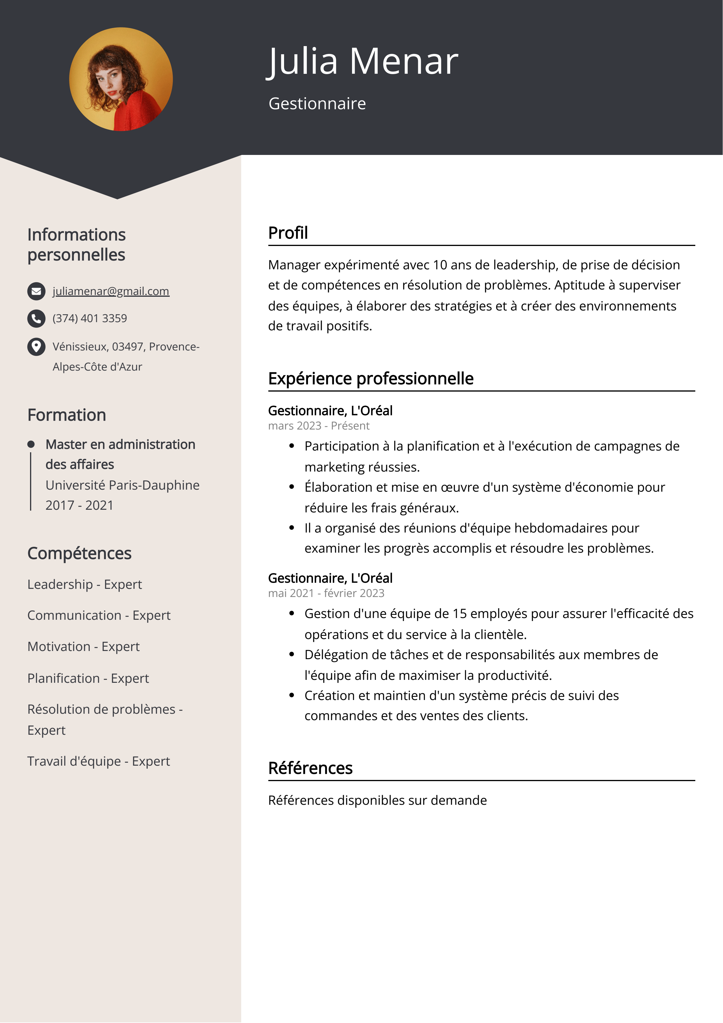 Exemple de CV de gestionnaire