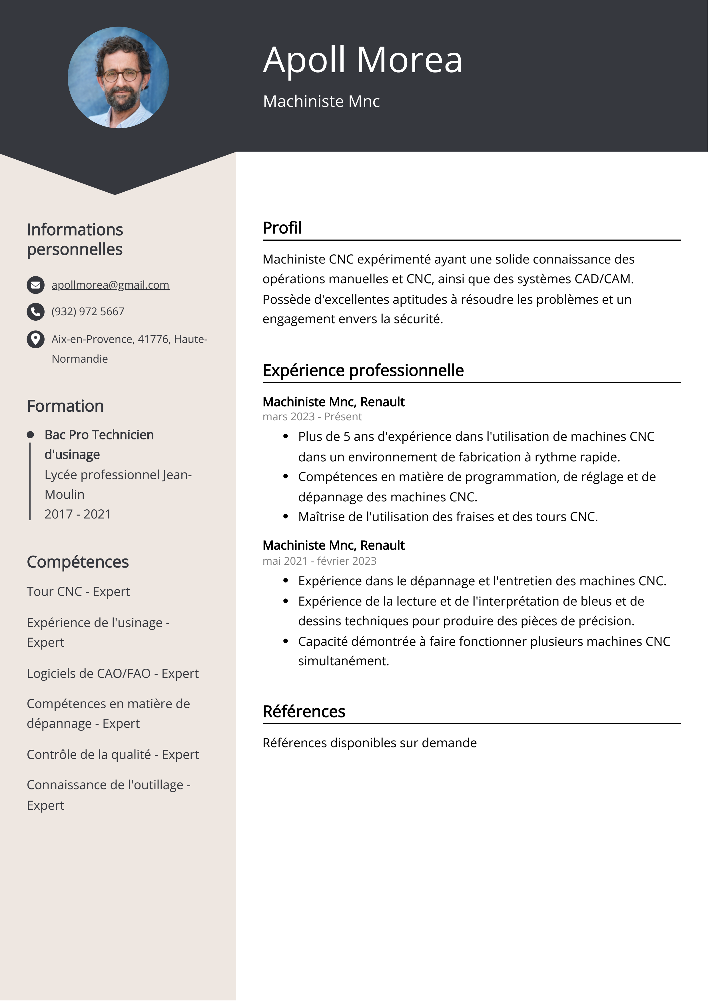 Exemple de CV de machiniste Mnc