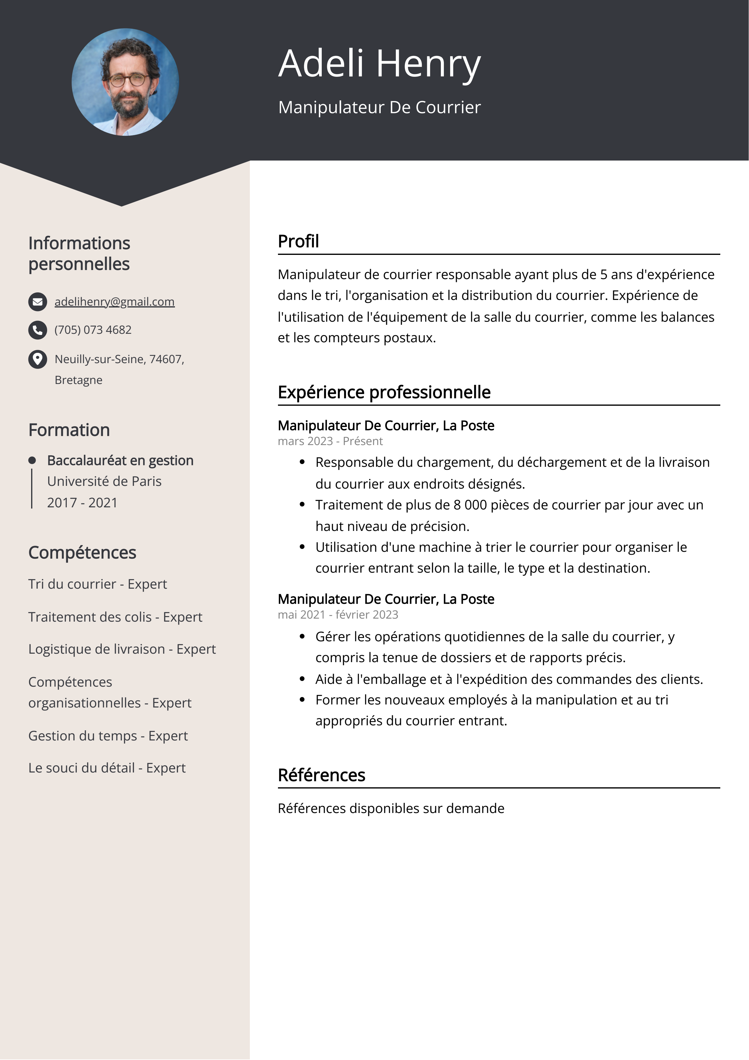 Exemple de curriculum vitae du manipulateur de courrier