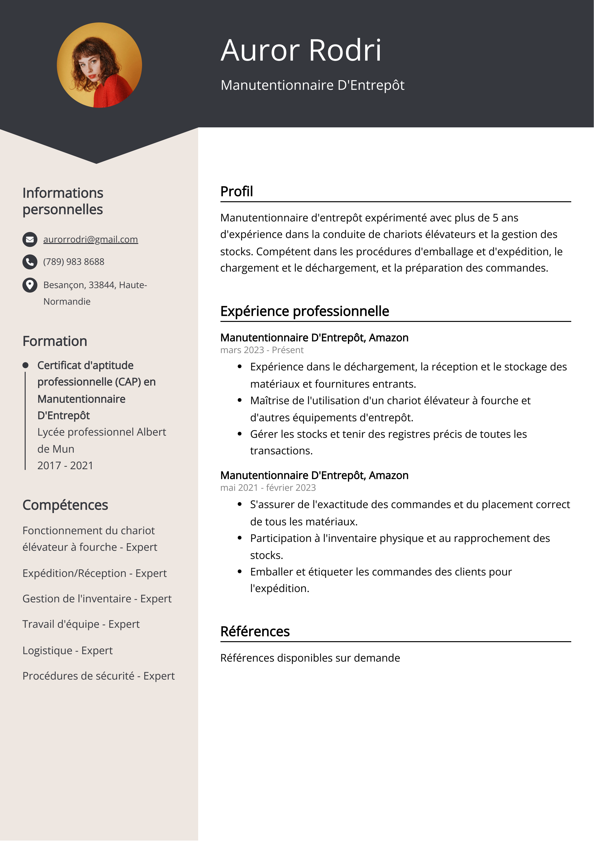 Exemple de CV de Manutentionnaire D'Entrepôt